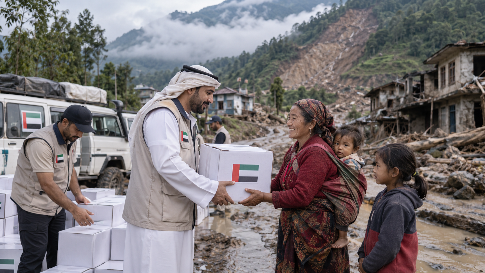 AI-generated editorial illustration for GulfPulse News coverage of UAE continues humanitarian response for flood, landslide victims in Nepal.