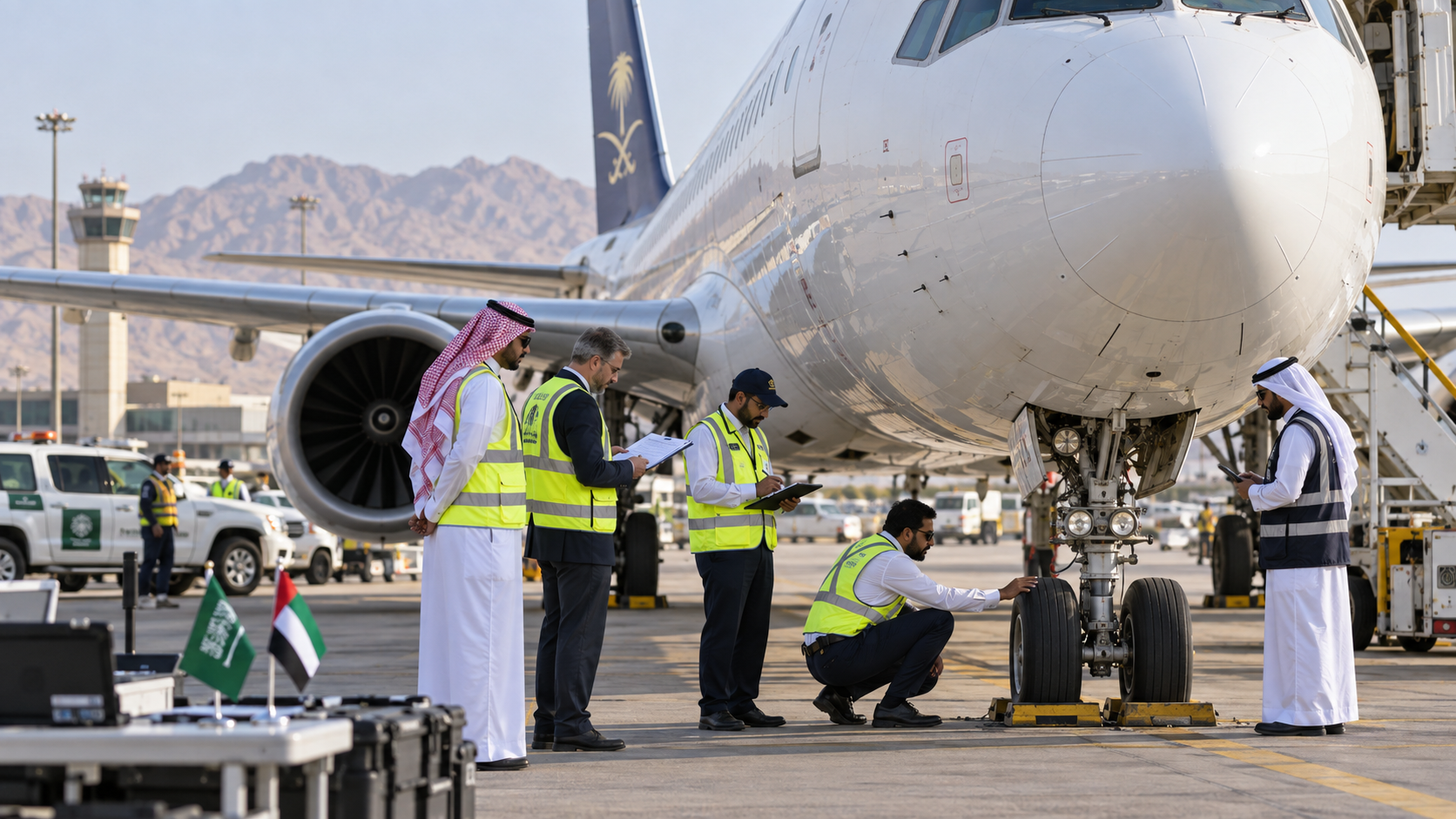 AI-generated editorial illustration for GulfPulse News coverage of the flydubai FZ1073 safety investigation in Saudi Arabia.