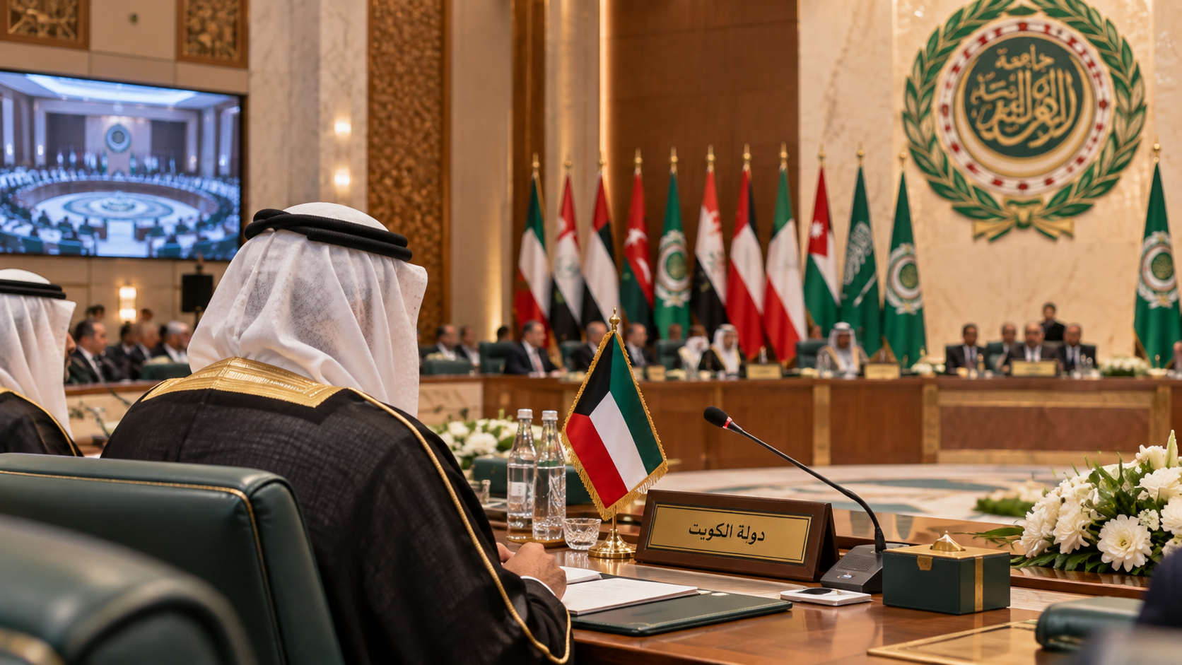 AI-generated editorial illustration for GulfPulse News coverage of Kuwait takes part in Arab League ministerial session in Cairo.