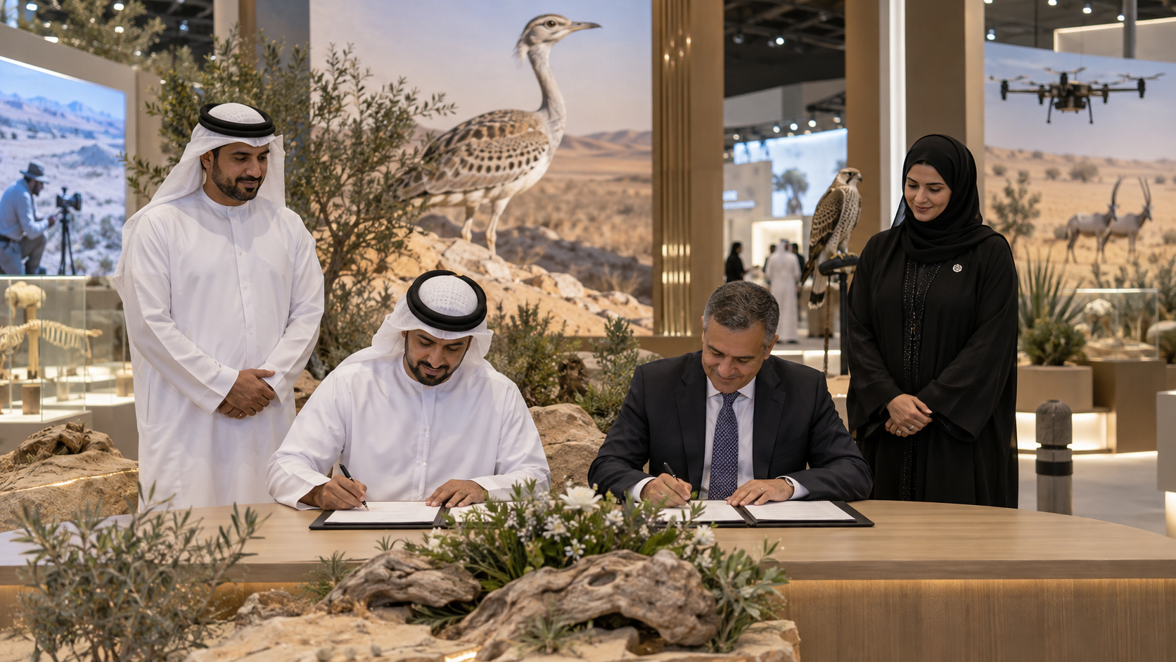 AI-generated editorial illustration for GulfPulse News coverage of IFHC, Ekthar strengthen conservation partnerships through strategic agreements at ADIHEX 2026.