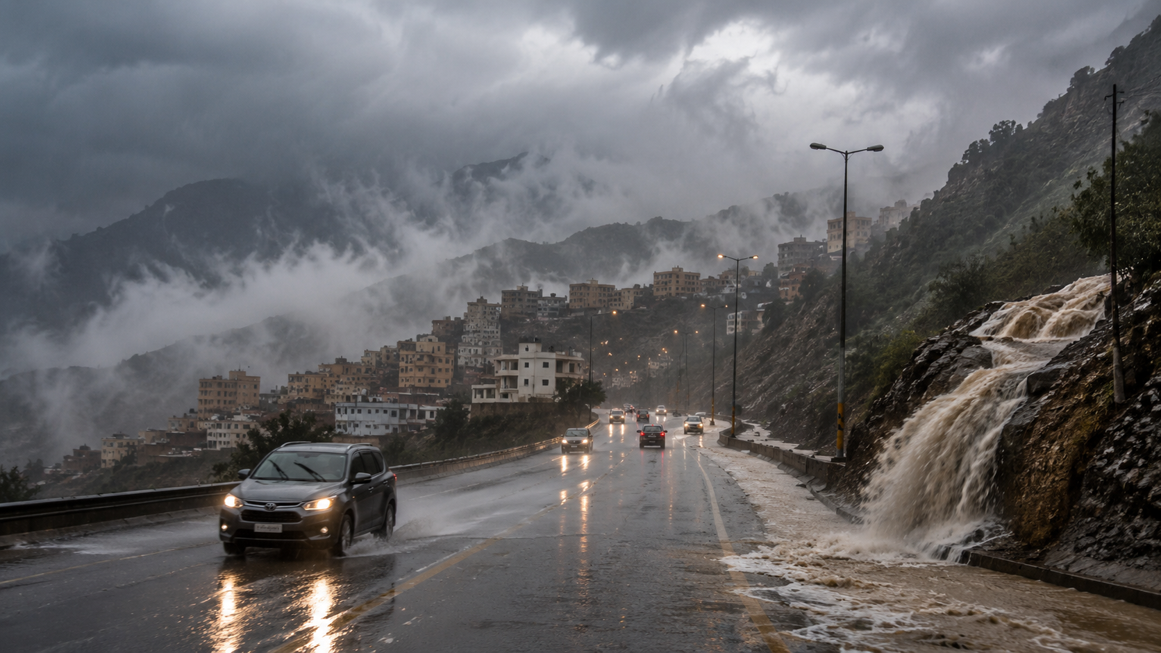 AI-generated editorial illustration for GulfPulse News coverage of Heavy rain continues across parts of Saudi Arabia as NCM issues red alerts.
