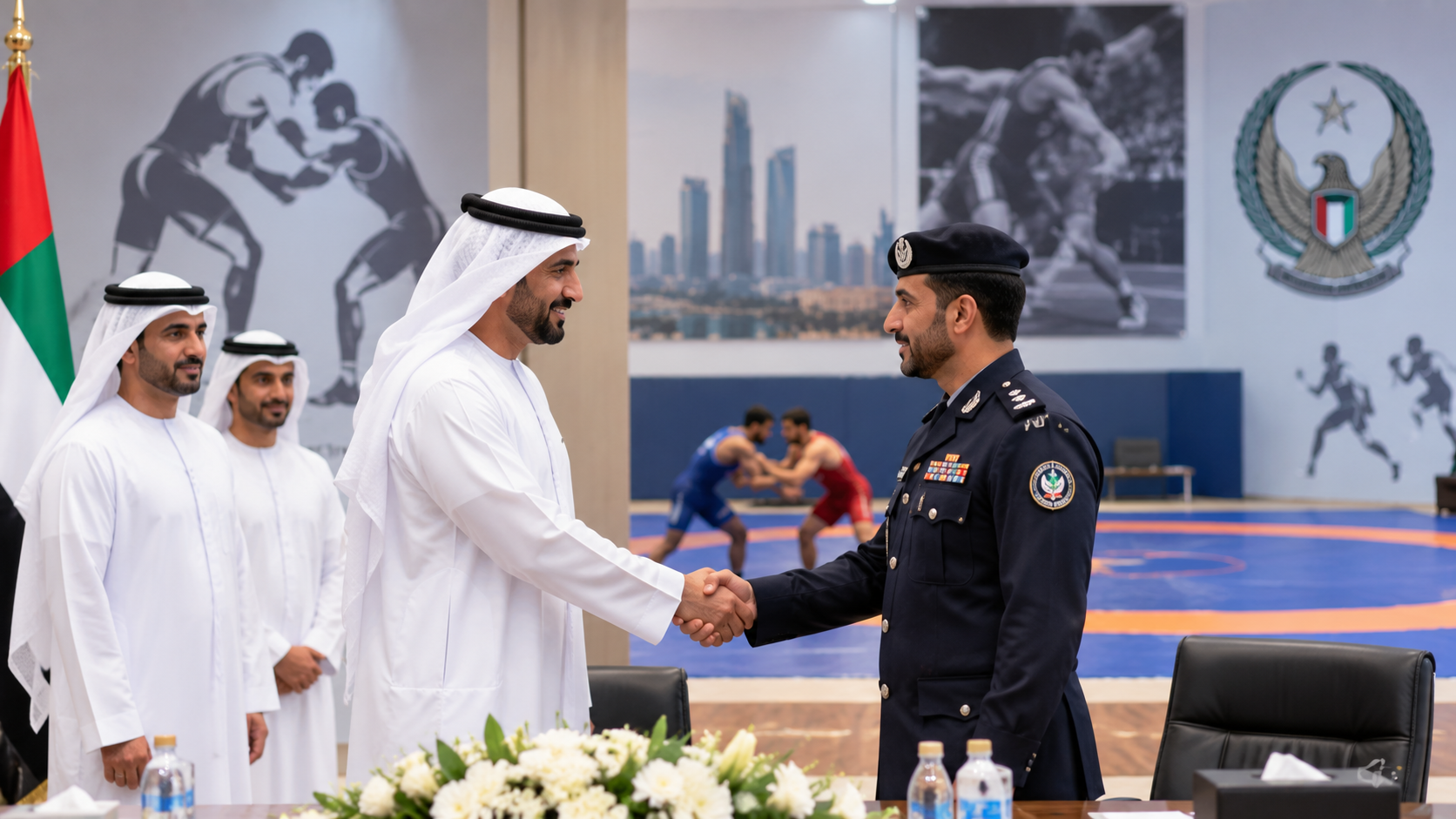AI-generated editorial illustration for GulfPulse News coverage of UAE Wrestling Federation, Police Sports Association explore closer cooperation.