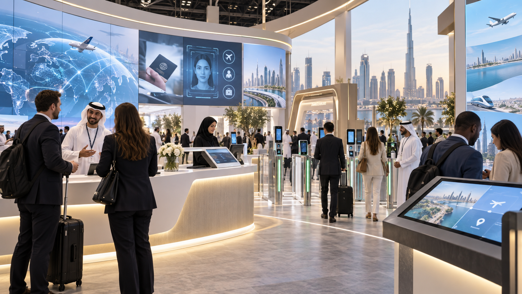 AI-generated editorial illustration for GulfPulse News coverage of GDRFA Dubai showcases integrated service ecosystem to facilitate visitor journey at Arabian Travel Market 2026.