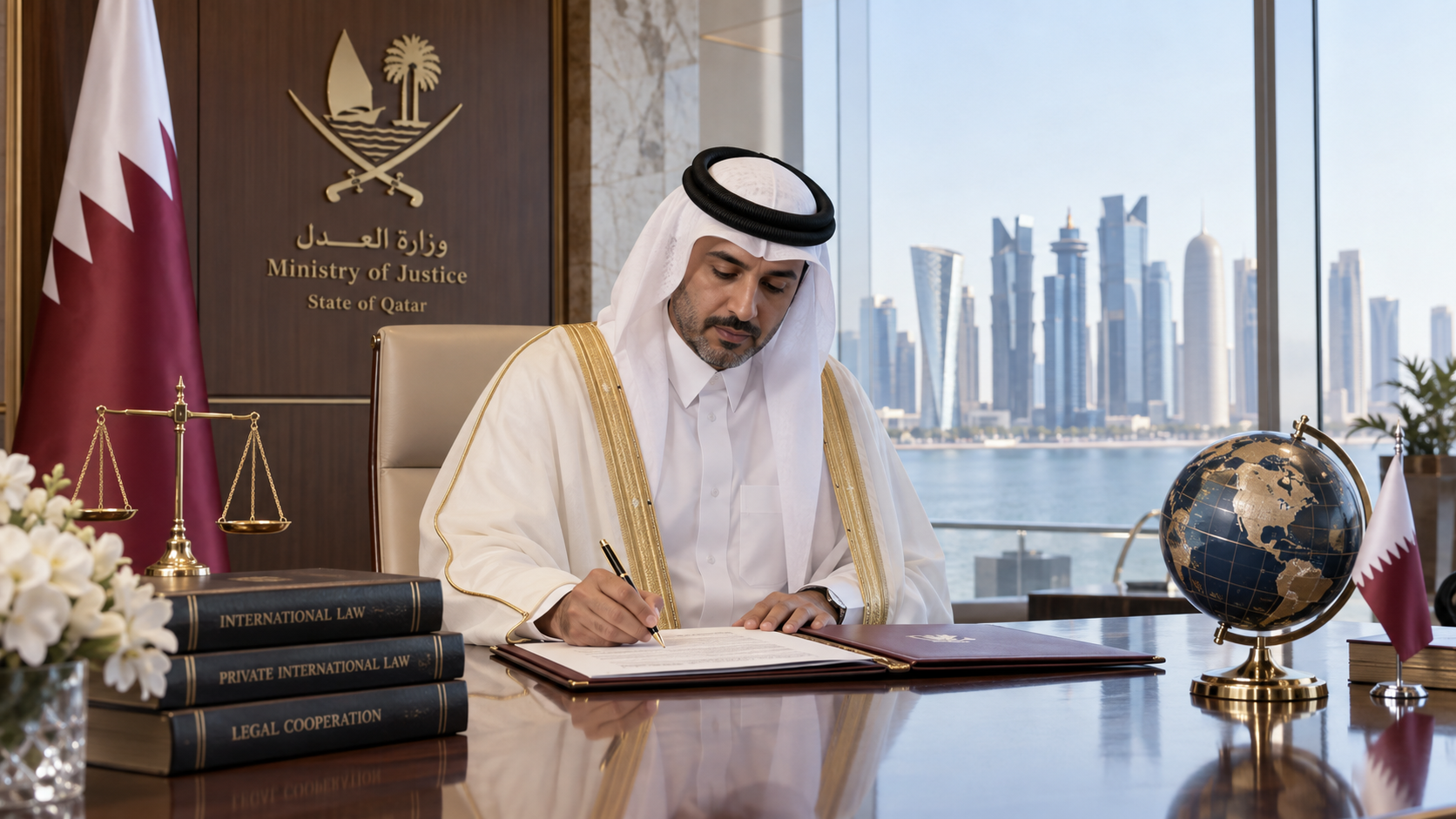 AI-generated editorial illustration for GulfPulse News coverage of Justice Ministry Welcomes Qatar's Accession to Hague Conference on Private International Law.