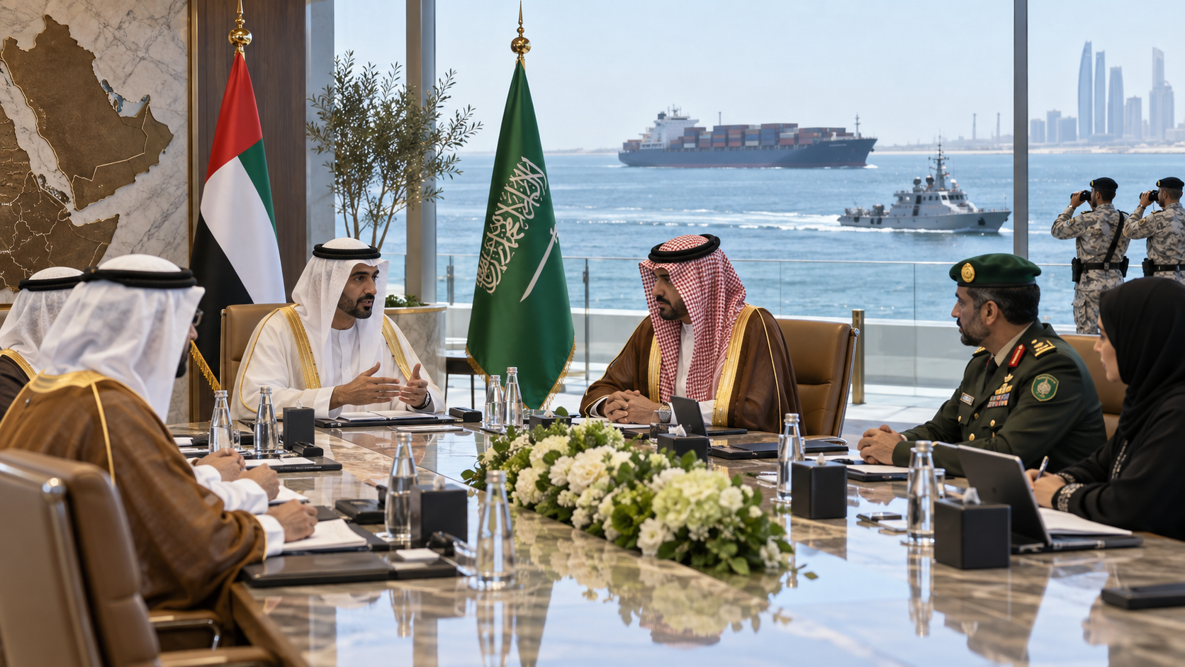AI-generated editorial illustration for GulfPulse News coverage of UAE strongly condemns attacks by Houthi terrorist group on Saudi civilian, economic facilities and vessels.