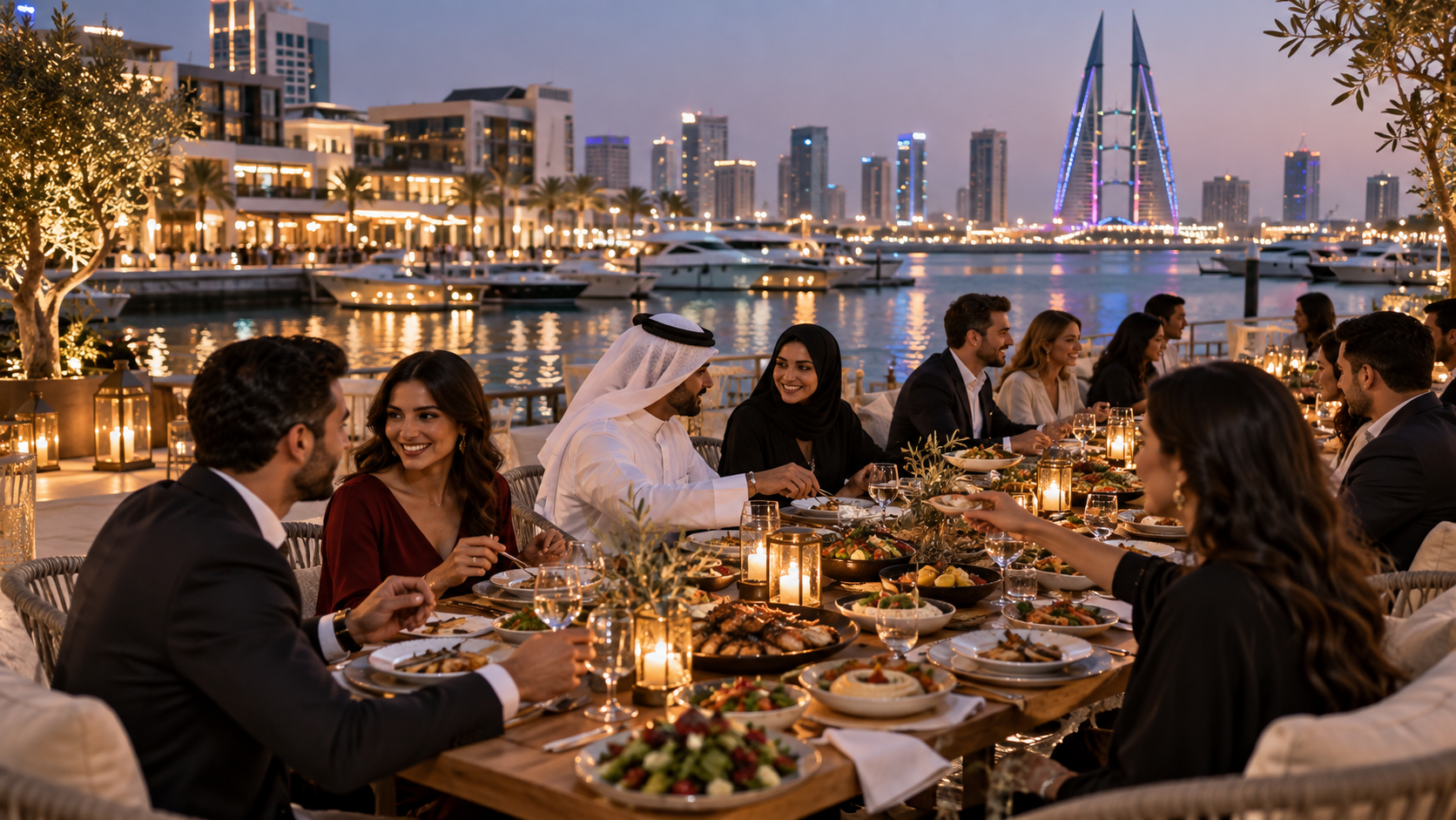 AI-generated editorial illustration for GulfPulse News coverage of Avli by tashas’ Shared Table Dinner Returns to Bahrain Harbour on 22 September.
