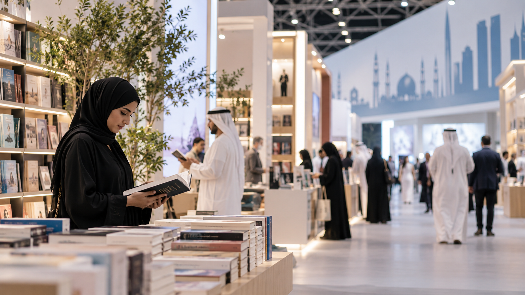 AI-generated editorial illustration for GulfPulse News coverage of 35th Abu Dhabi International Book Fair opens tomorrow.