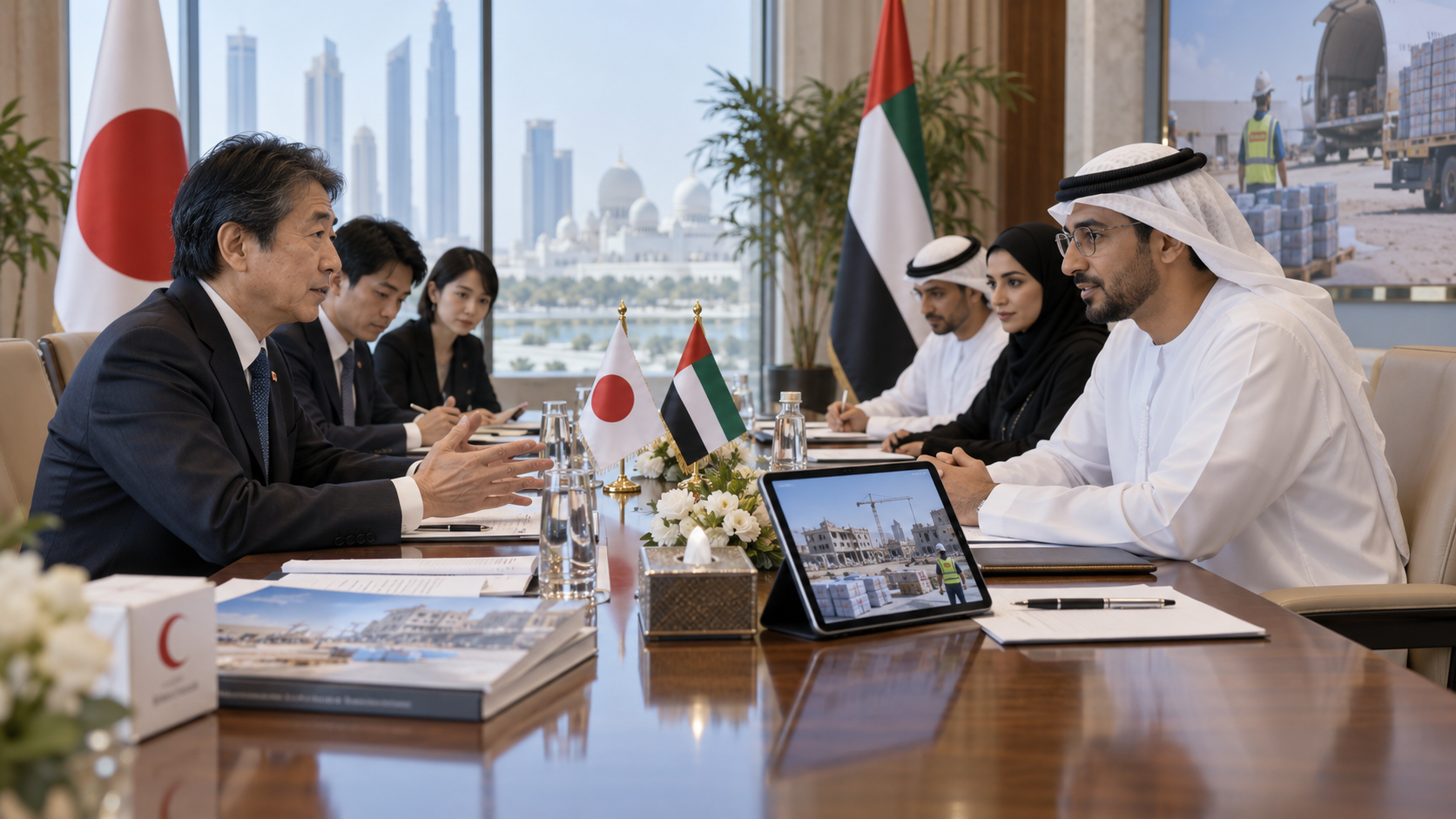 AI-generated editorial illustration for GulfPulse News coverage of UAE, Japan discuss sustainable aid for Gaza.