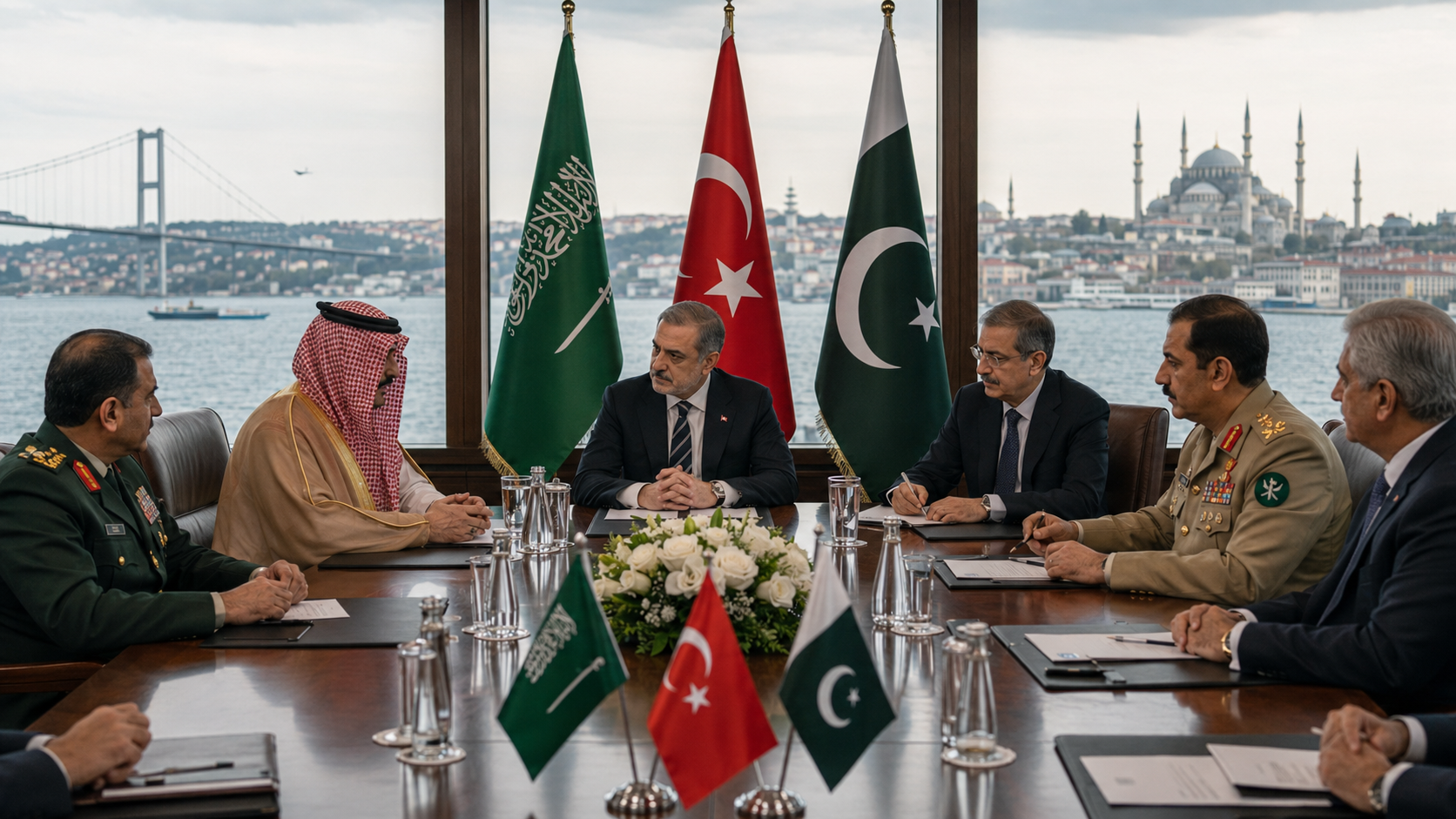 AI-generated editorial illustration for GulfPulse News coverage of Saudi Arabia reaffirms commitment to activating Makkah Joint Defense Agreement.