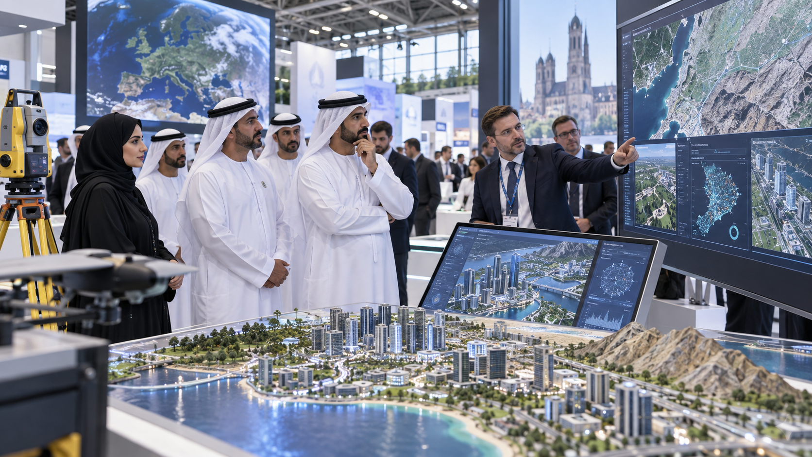AI-generated editorial illustration for GulfPulse News coverage of Fujairah Government explores latest geospatial technologies at INTERGEO 2026 in Munich.