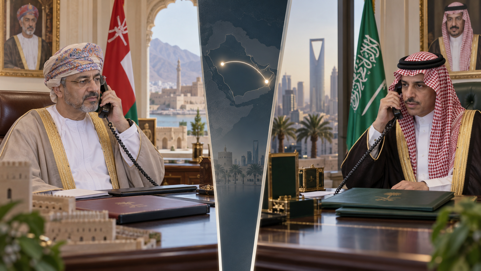 AI-generated editorial illustration for GulfPulse News coverage of Oman’s FM reaffirms solidarity with Saudi Arabia in call with Prince Faisal.