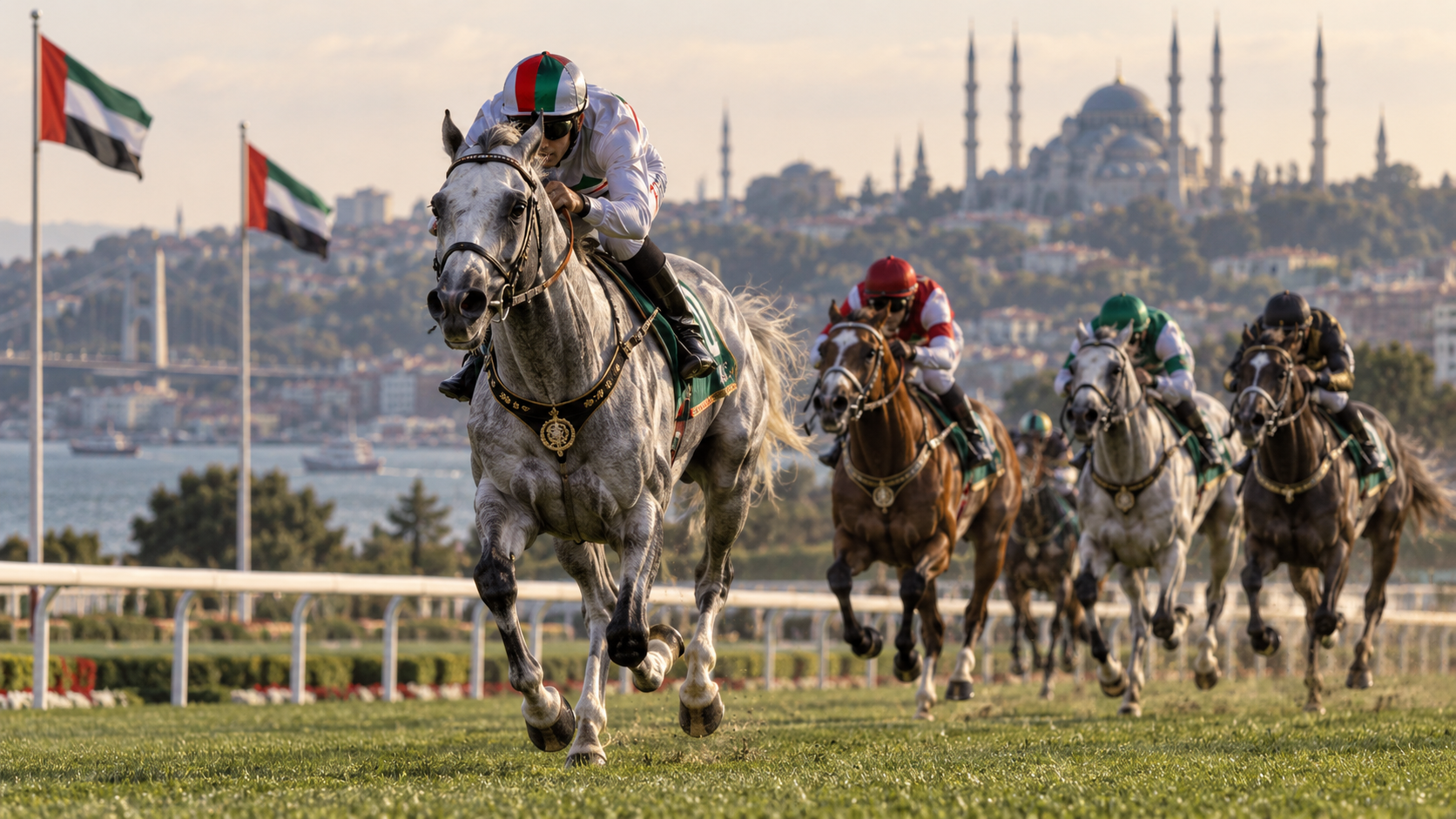 AI-generated editorial illustration for GulfPulse News coverage of Nine horses to compete for title of UAE President’s Cup for Purebred Arabian Horses in Istanbul.