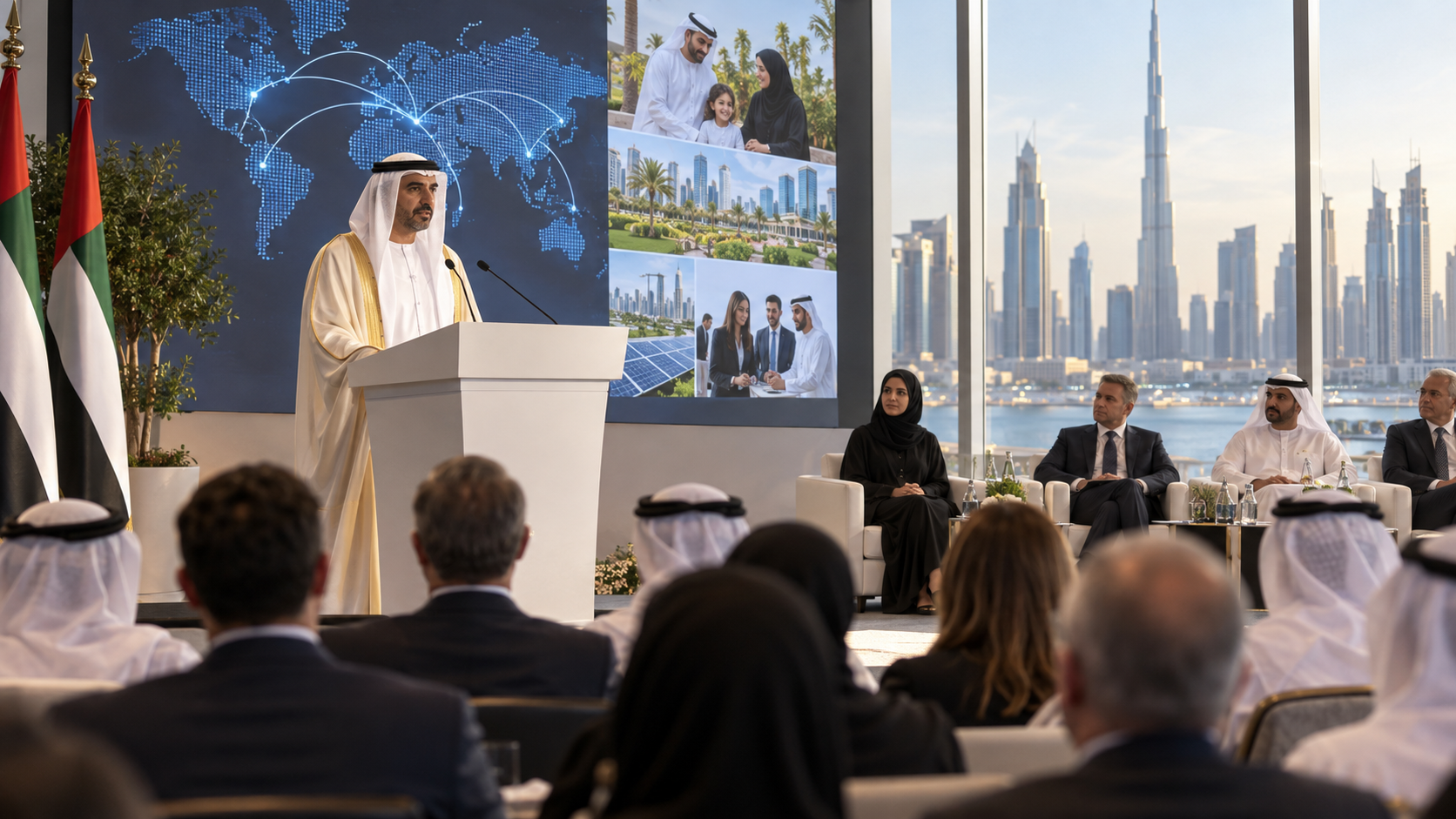 AI-generated editorial illustration for GulfPulse News coverage of RAK Ruler highlights people-centred investment at 15th AIM Congress in Dubai.