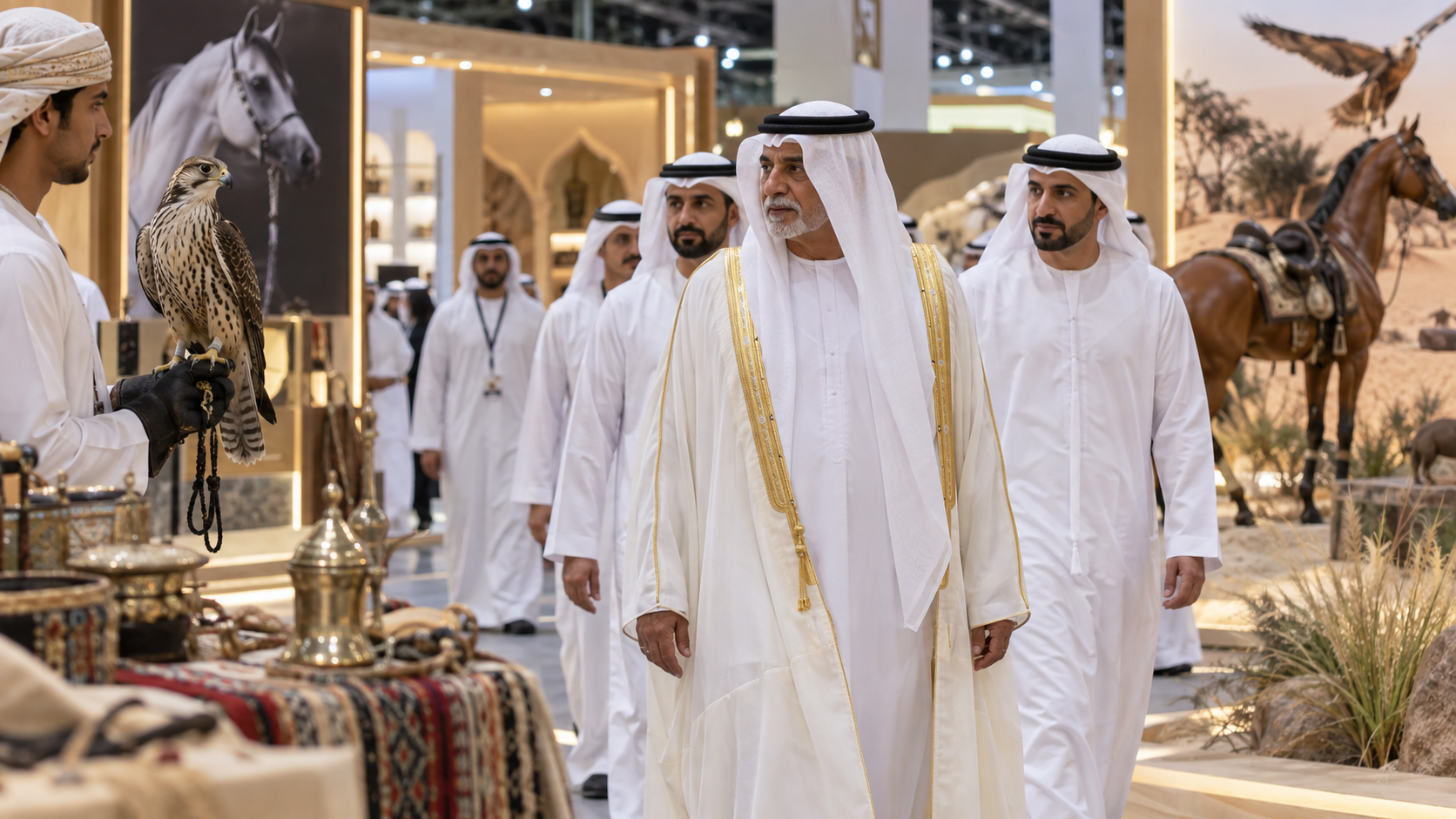 AI-generated editorial illustration for GulfPulse News coverage of Nahyan bin Mubarak visits Abu Dhabi International Hunting and Equestrian Exhibition 2026.