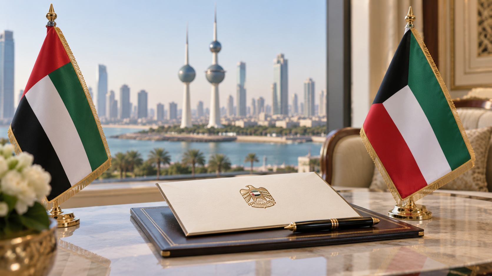 AI-generated editorial illustration for GulfPulse News coverage of UAE President sends written message to Amir of Kuwait, including an invitation to attend 2026 UN Water Conference.