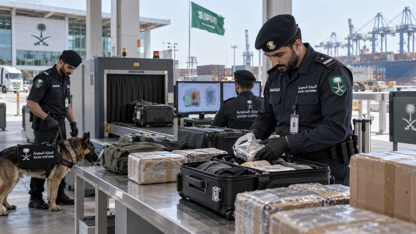 AI-generated editorial illustration for GulfPulse News coverage of Saudi Customs report 1,173 contraband seizures last week.