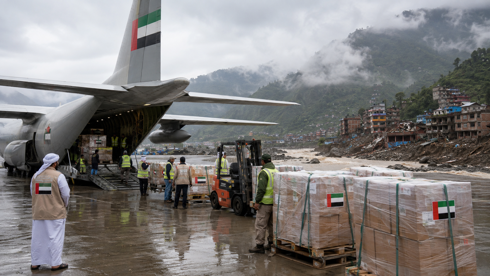 AI-generated editorial illustration for GulfPulse News coverage of UAE sends 83 tonnes of urgent relief aid for flood, landslide victims in Nepal.