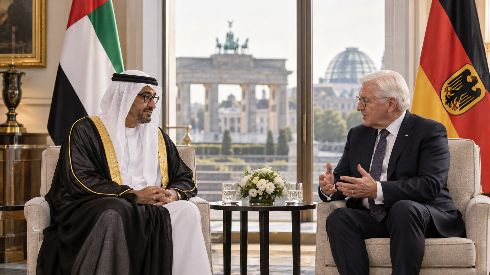 AI-generated editorial illustration for GulfPulse News coverage of UAE and German Presidents discuss strengthening longstanding ties during state visit.