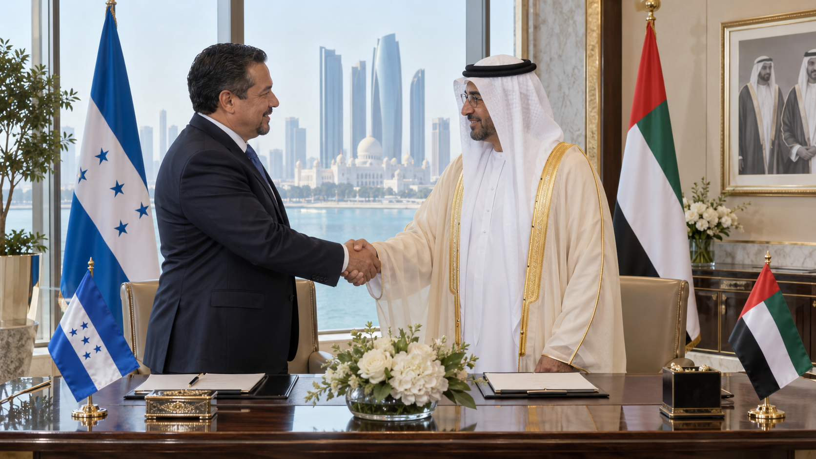 AI-generated editorial illustration for GulfPulse News coverage of UAE leaders congratulate President of Honduras on Independence Day.