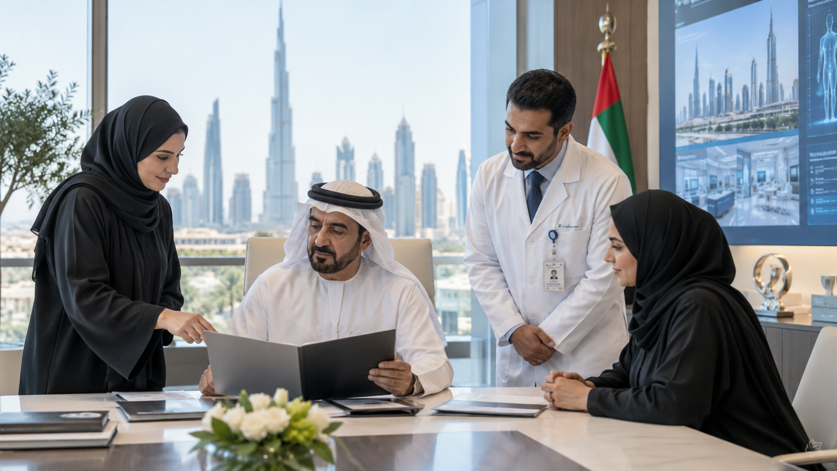 AI-generated editorial illustration for GulfPulse News coverage of Hamdan bin Mohammed names new CEOs at Dubai Health Authority.