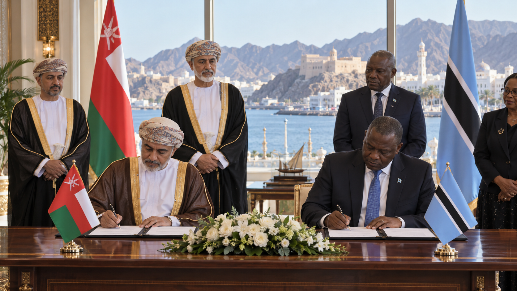 AI-generated editorial illustration for GulfPulse News coverage of Oman and Botswana sign several agreements, MoUs.