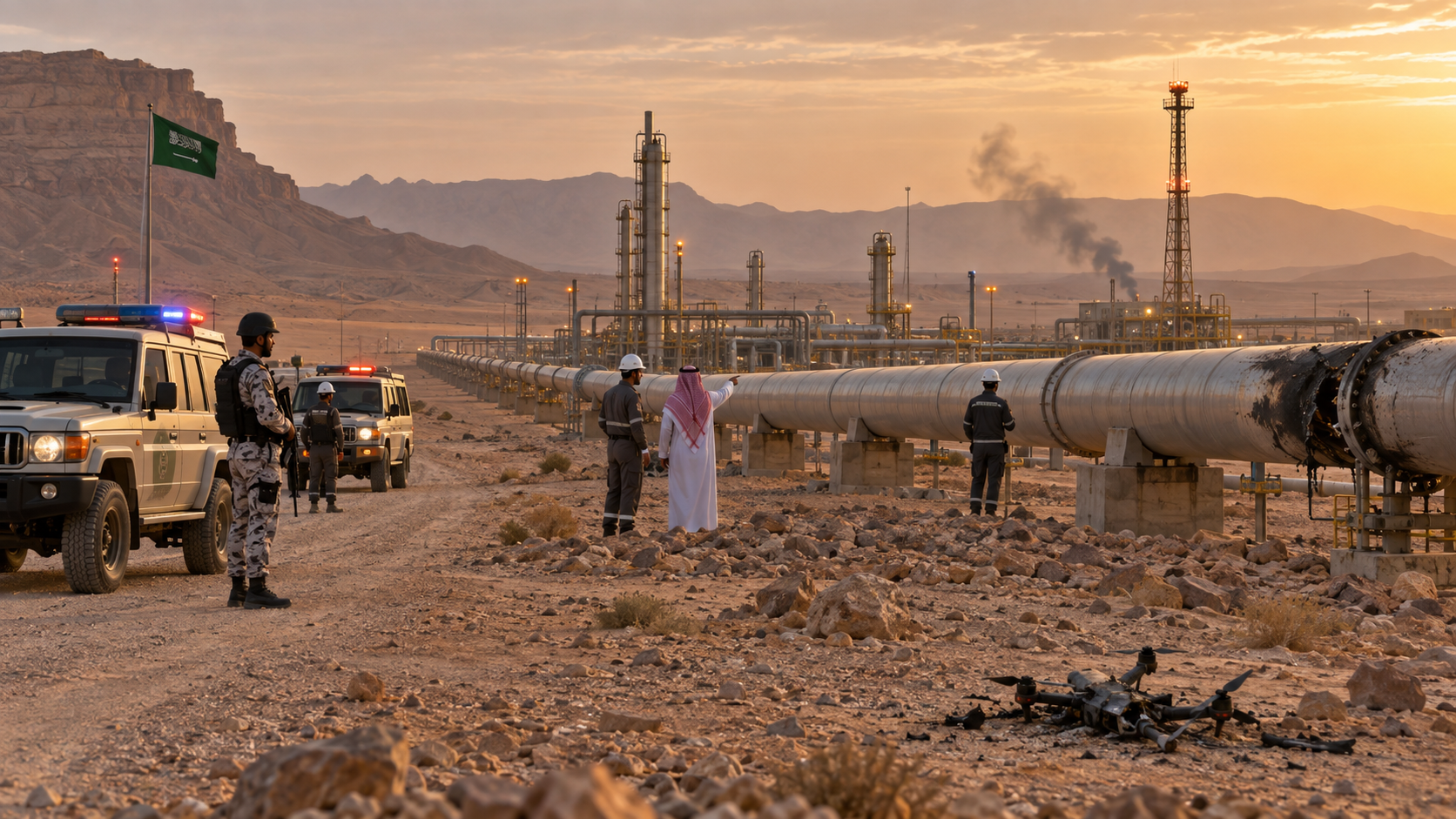 AI-generated editorial illustration for GulfPulse News coverage of Saudi Arabia shuts key oil pipeline after drone attack launched from Iraq.