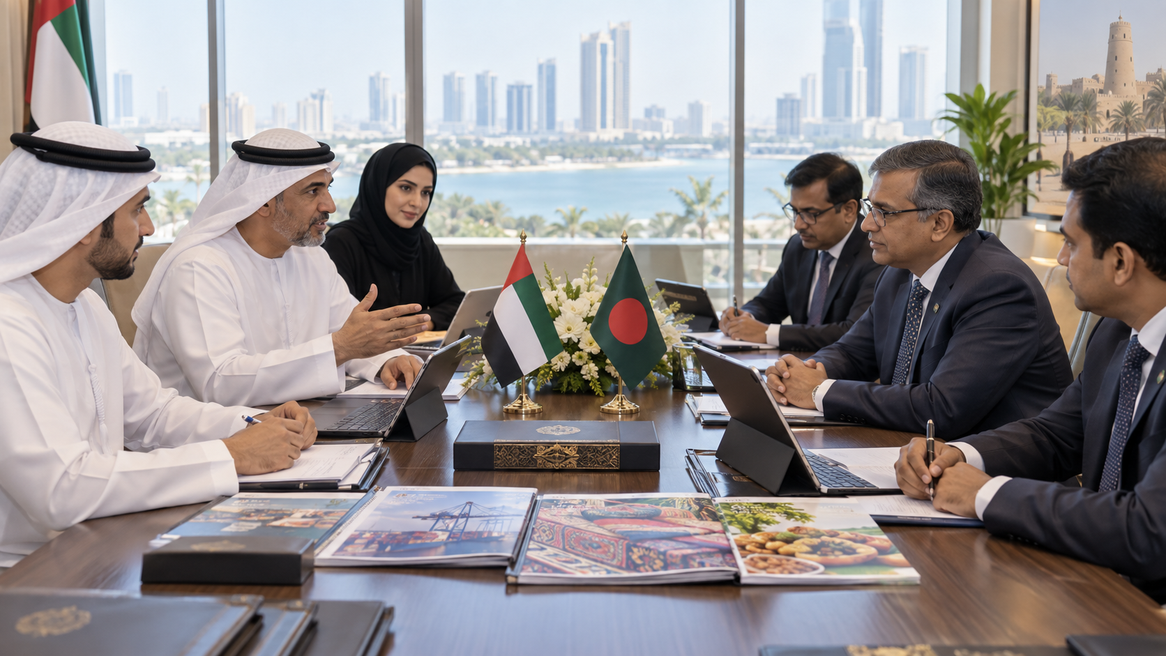 AI-generated editorial illustration for GulfPulse News coverage of Ajman Chamber discusses opportunities to develop trade exchange with Embassy of Bangladesh.