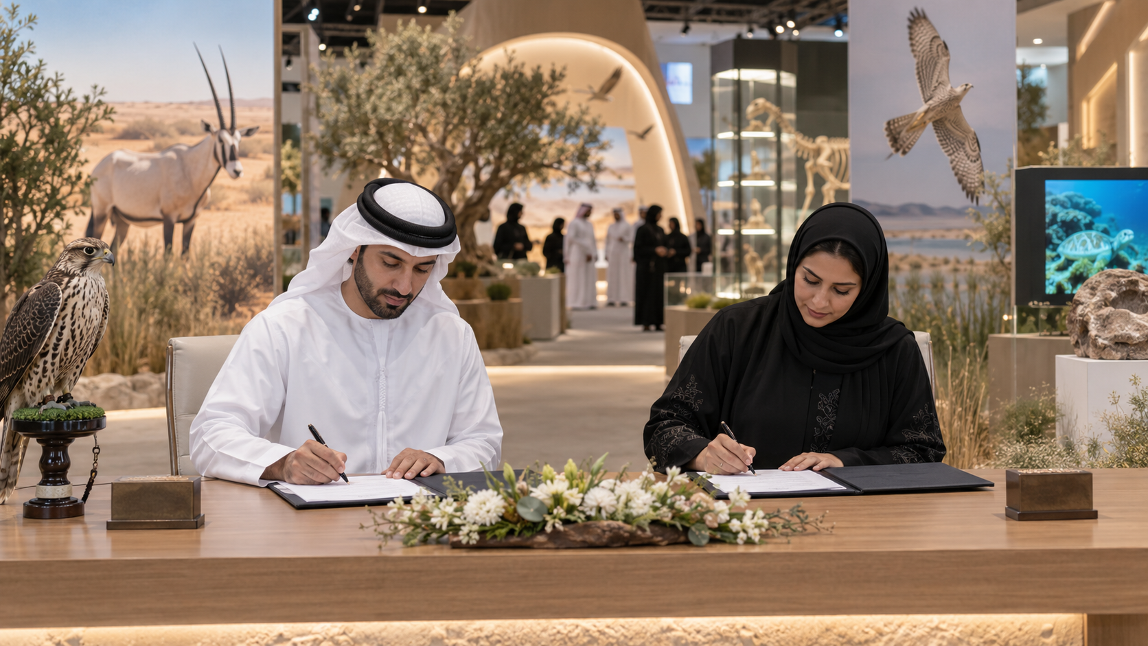 AI-generated editorial illustration for GulfPulse News coverage of Environment Agency – Abu Dhabi, Ekthar Wildlife Development sign MoU to advance wildlife conservation, biodiversity.