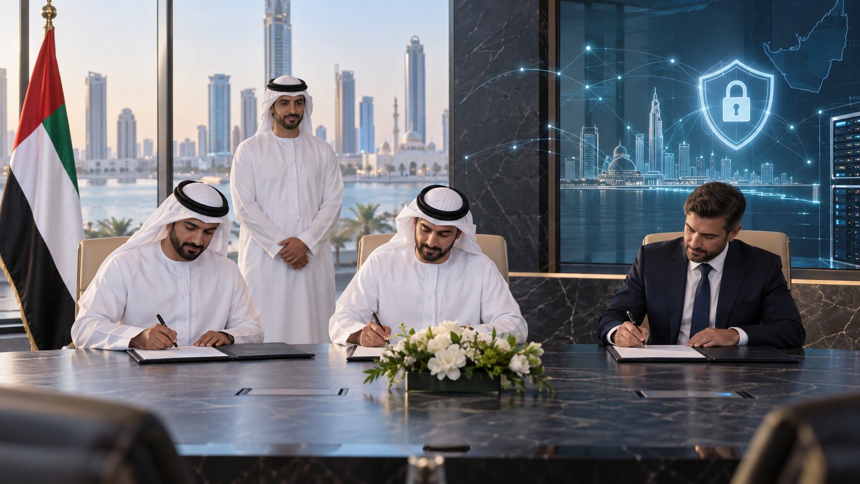AI-generated editorial illustration for GulfPulse News coverage of Ajman Digital, Municipality, CPX strengthen cybersecurity cooperation.