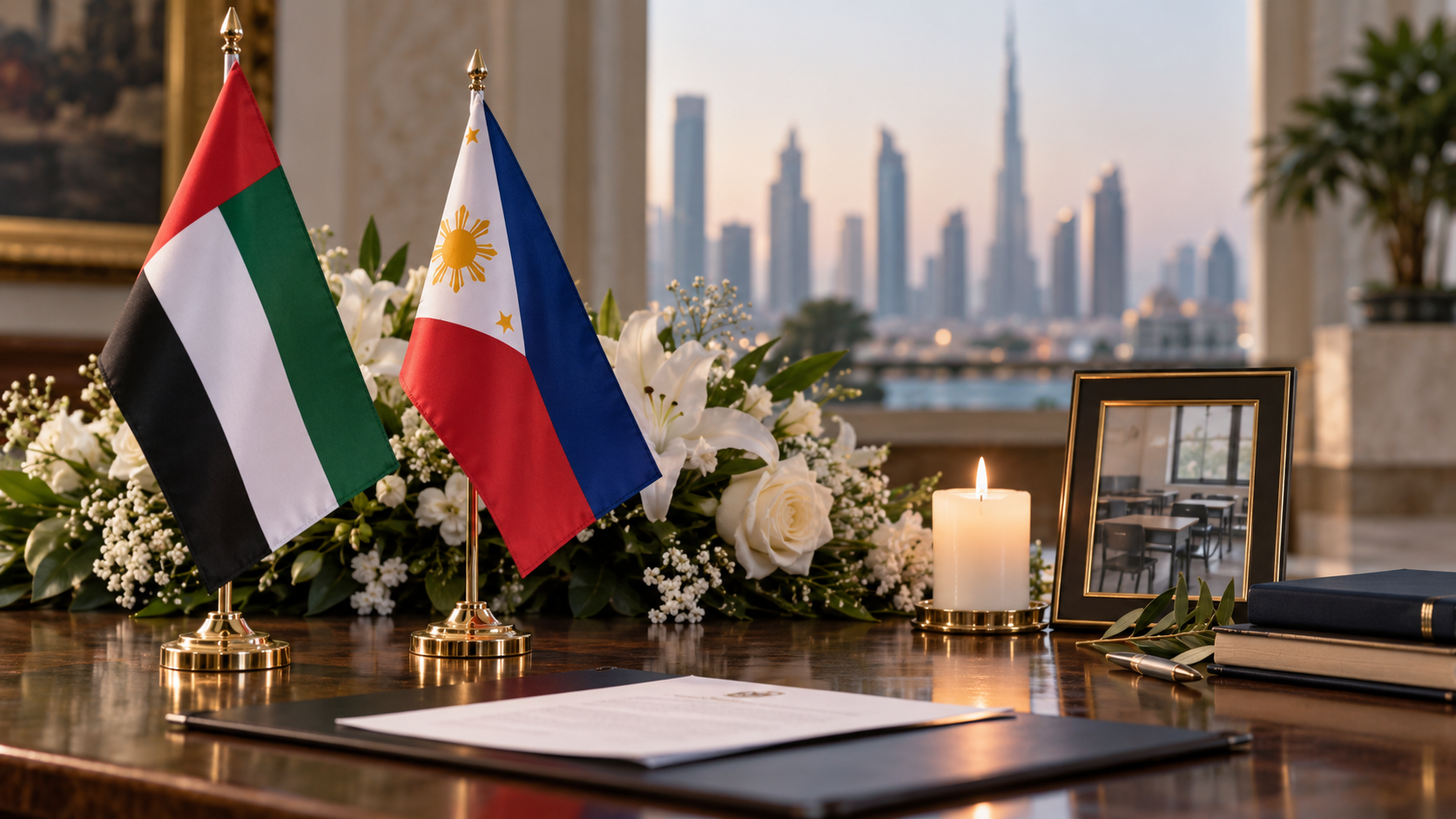 AI-generated editorial illustration for GulfPulse News coverage of UAE strongly condemns school shooting in Philippines.