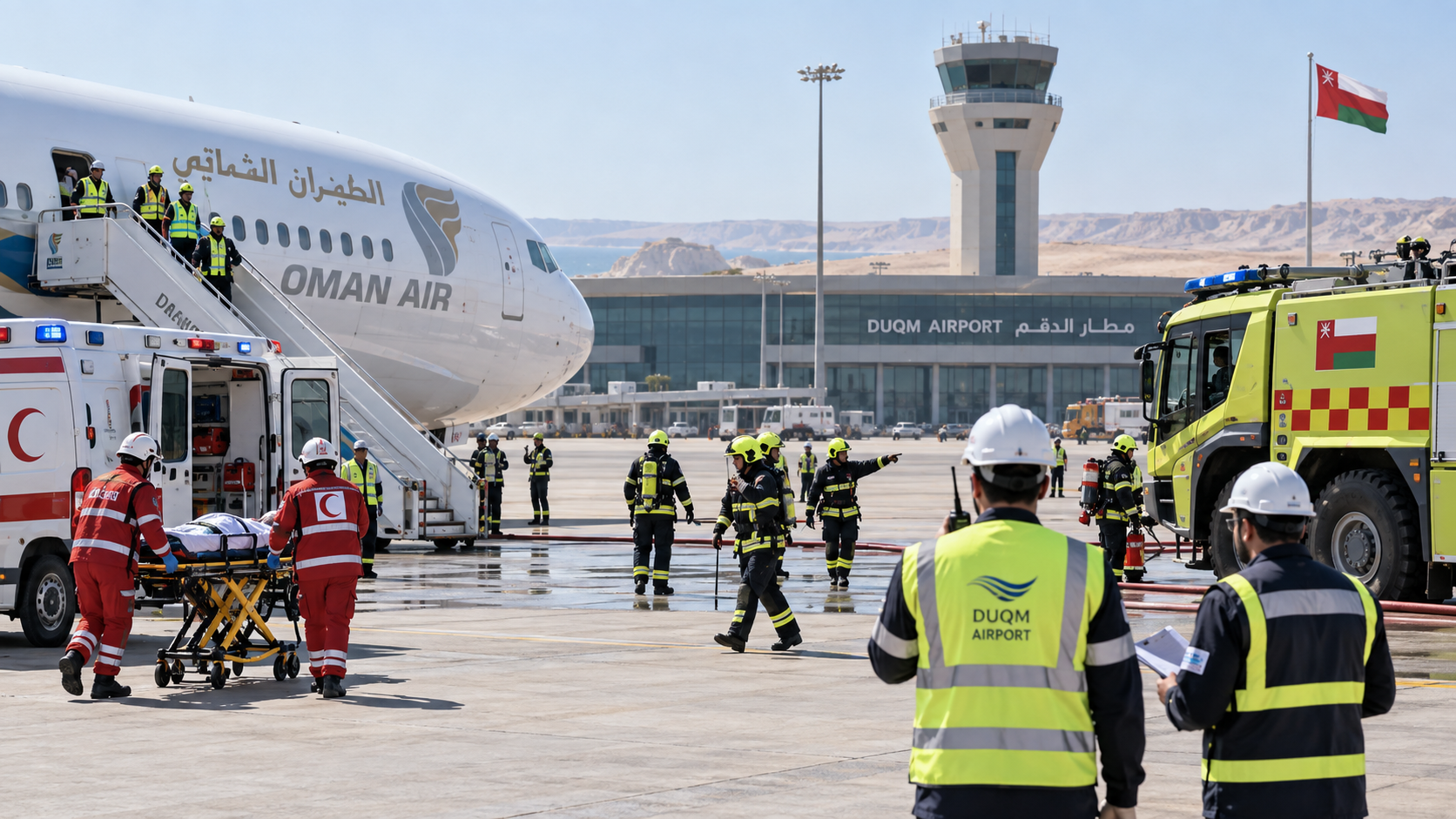 AI-generated editorial illustration for GulfPulse News coverage of Full-scale emergency exercise at Duqm Airport on Tuesday.