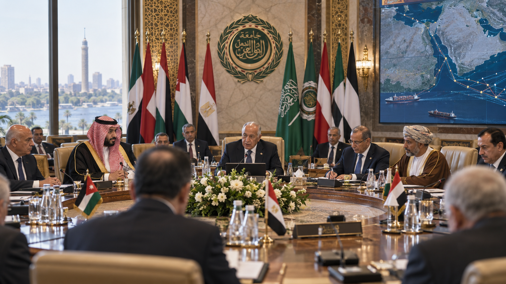 AI-generated editorial illustration for GulfPulse News coverage of Al-Kheraiji attends Arab League ministerial session and session on Jerusalem in Cairo.