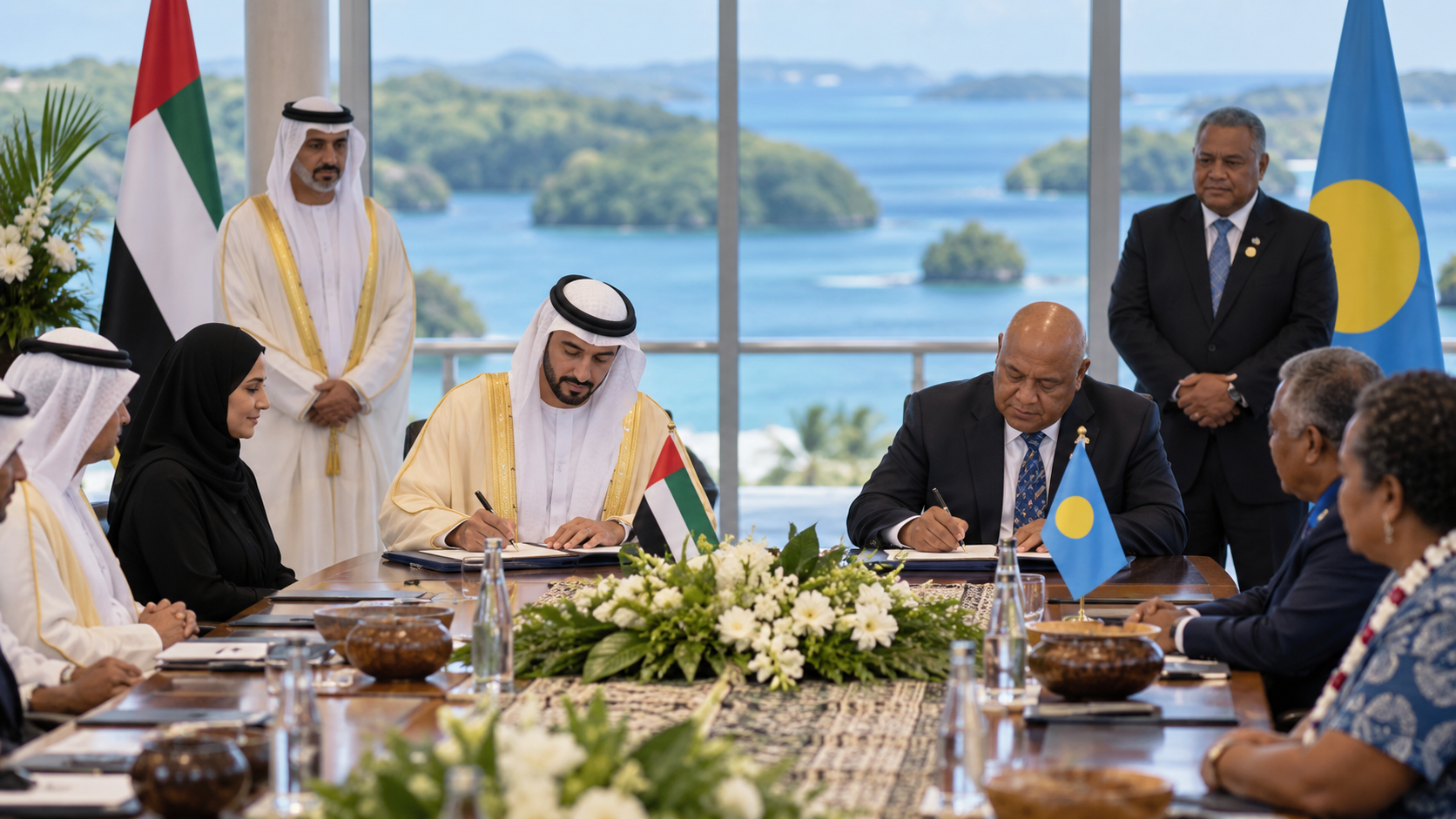 AI-generated editorial illustration for GulfPulse News coverage of UAE joins Pacific Islands Forum as Strategic Partner.