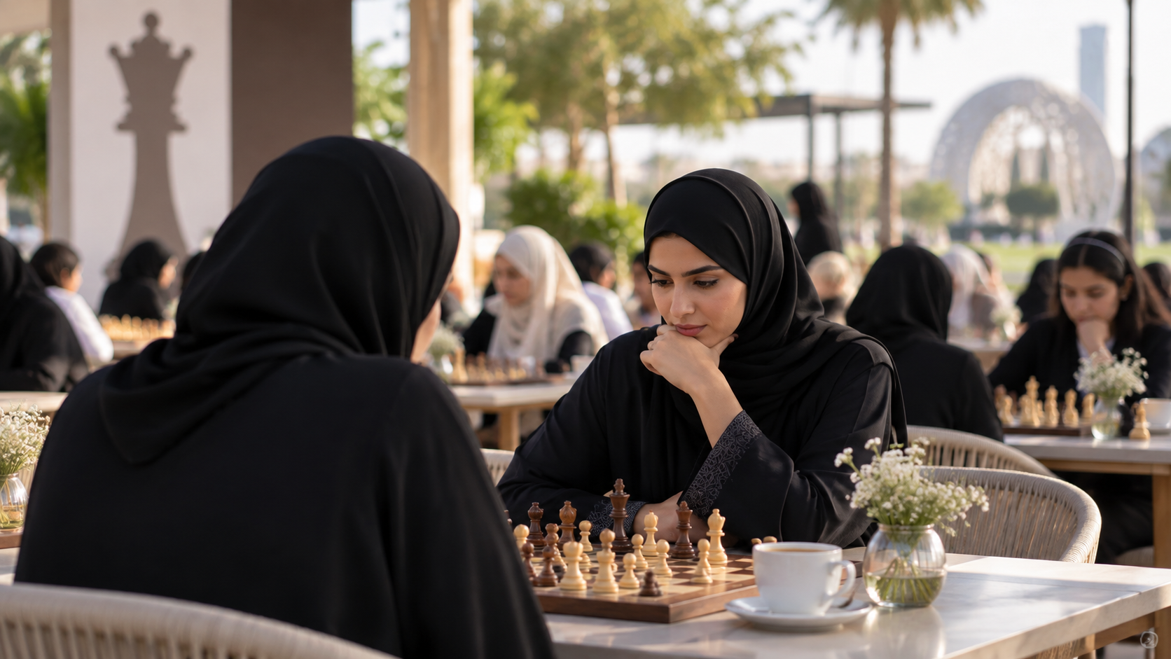 AI-generated editorial illustration for GulfPulse News coverage of Sharjah Ladies Chess launches 7th edition of 'Chess & Coffee'.
