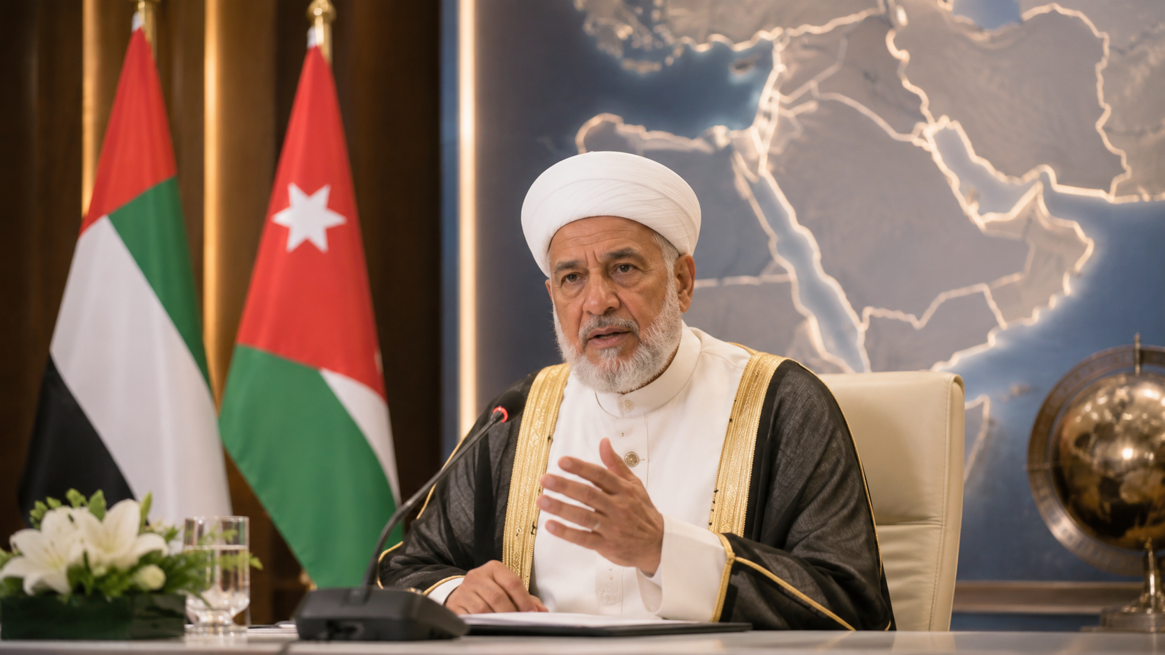 AI-generated editorial illustration for GulfPulse News coverage of Muslim Council of Elders strongly condemns renewed Iranian attacks on UAE and Jordan.