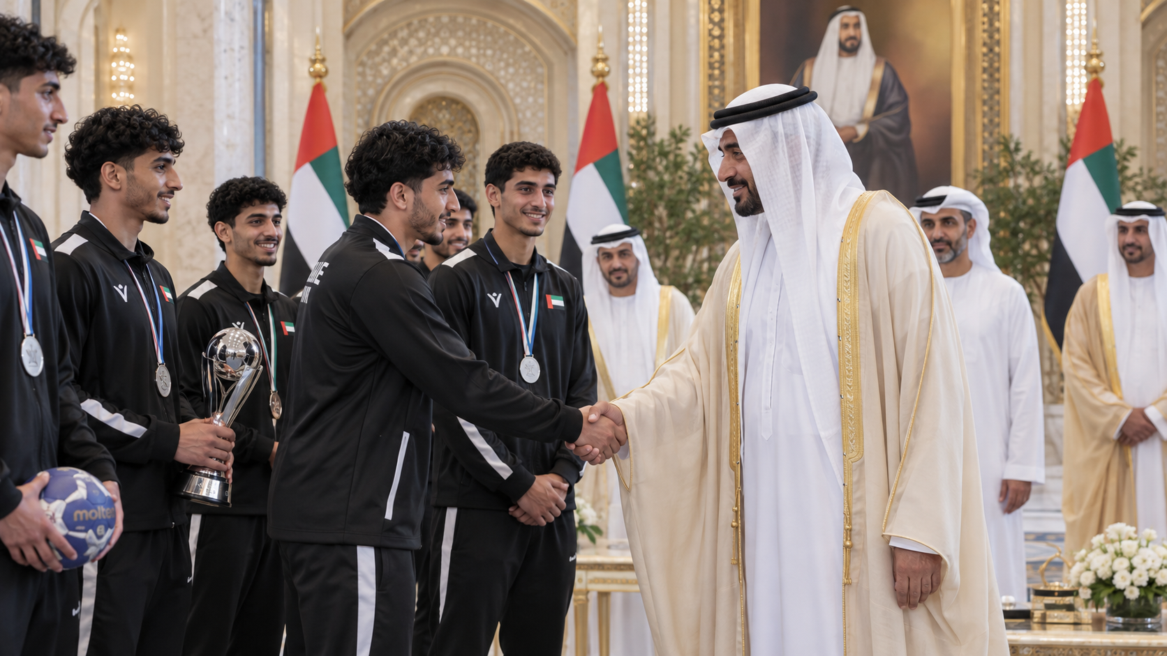 AI-generated editorial illustration for GulfPulse News coverage of UAE President receives UAE youth handball team following qualification for 2027 World Championship.