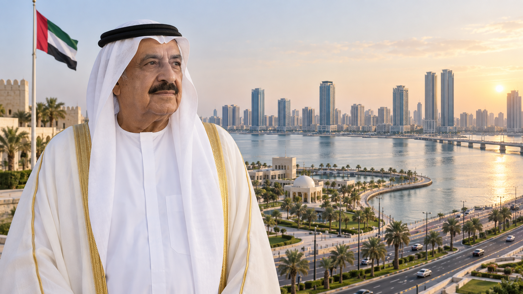 AI-generated editorial illustration for GulfPulse News coverage of Ajman marks 45 years of development under Humaid bin Rashid’s visionary leadership.