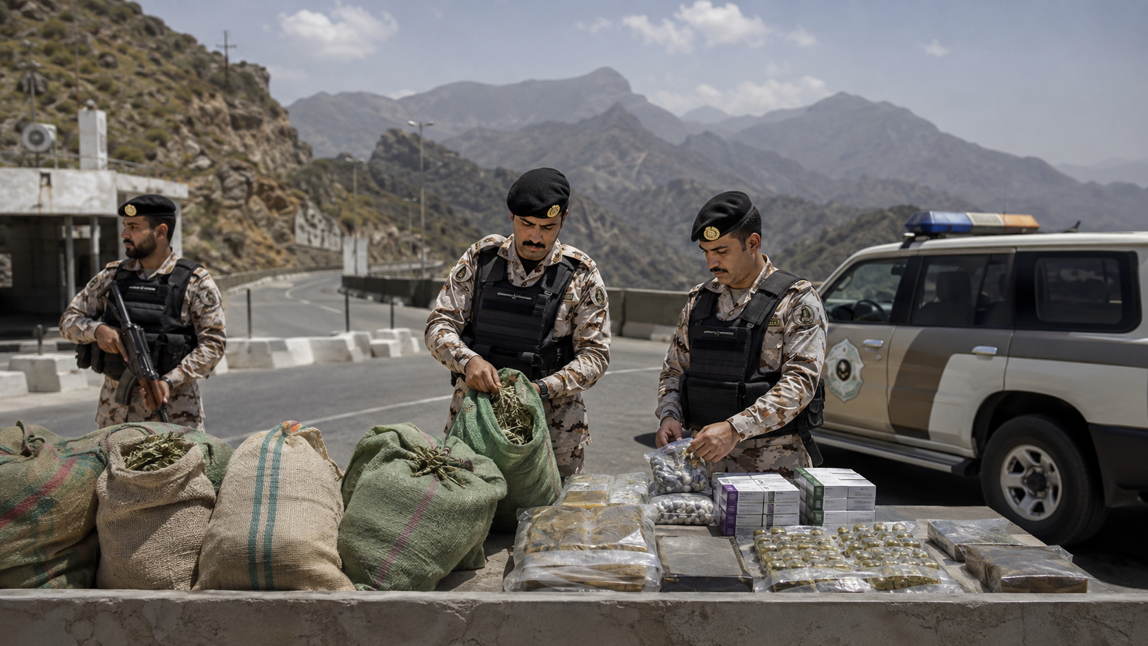 AI-generated editorial illustration for GulfPulse News coverage of Border Guard seizes 154kg of khat, hashish and 19,120 tablets in Jazan, Asir.