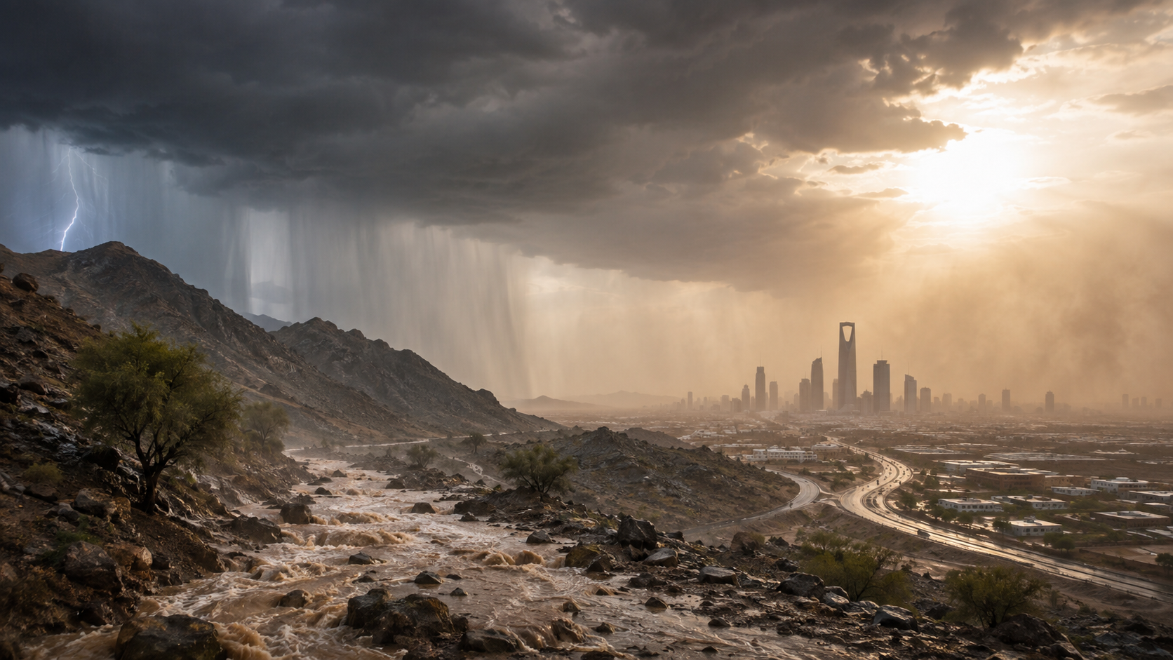 AI-generated editorial illustration for GulfPulse News coverage of Thunderstorms, heavy rain forecast across regions as temperatures soar to 48°C.