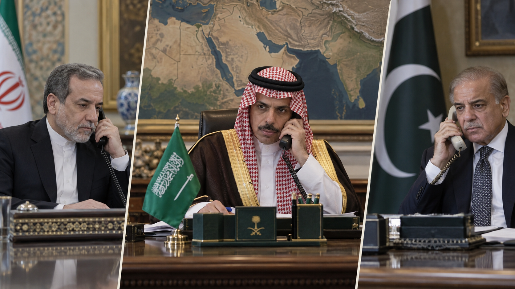AI-generated editorial illustration for GulfPulse News coverage of Saudi FM discusses regional developments, de-escalation in calls with Iranian, Pakistani counterparts.