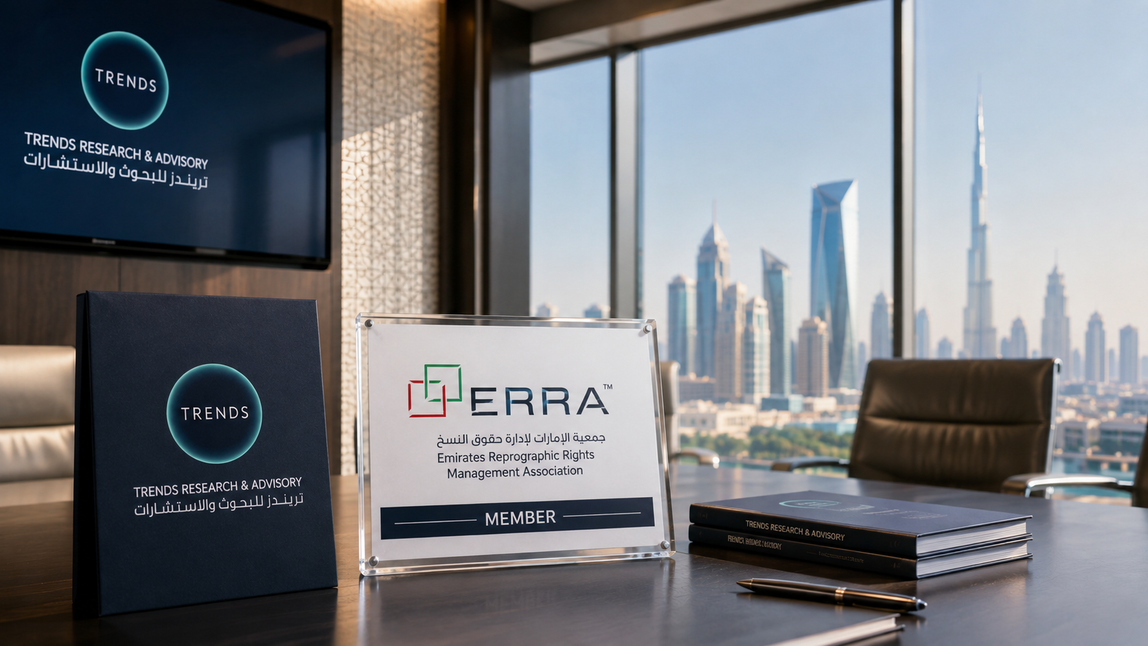 AI-generated editorial illustration for GulfPulse News coverage of TRENDS Research & Advisory obtains Emirates Reprographic Rights Management Association membership.