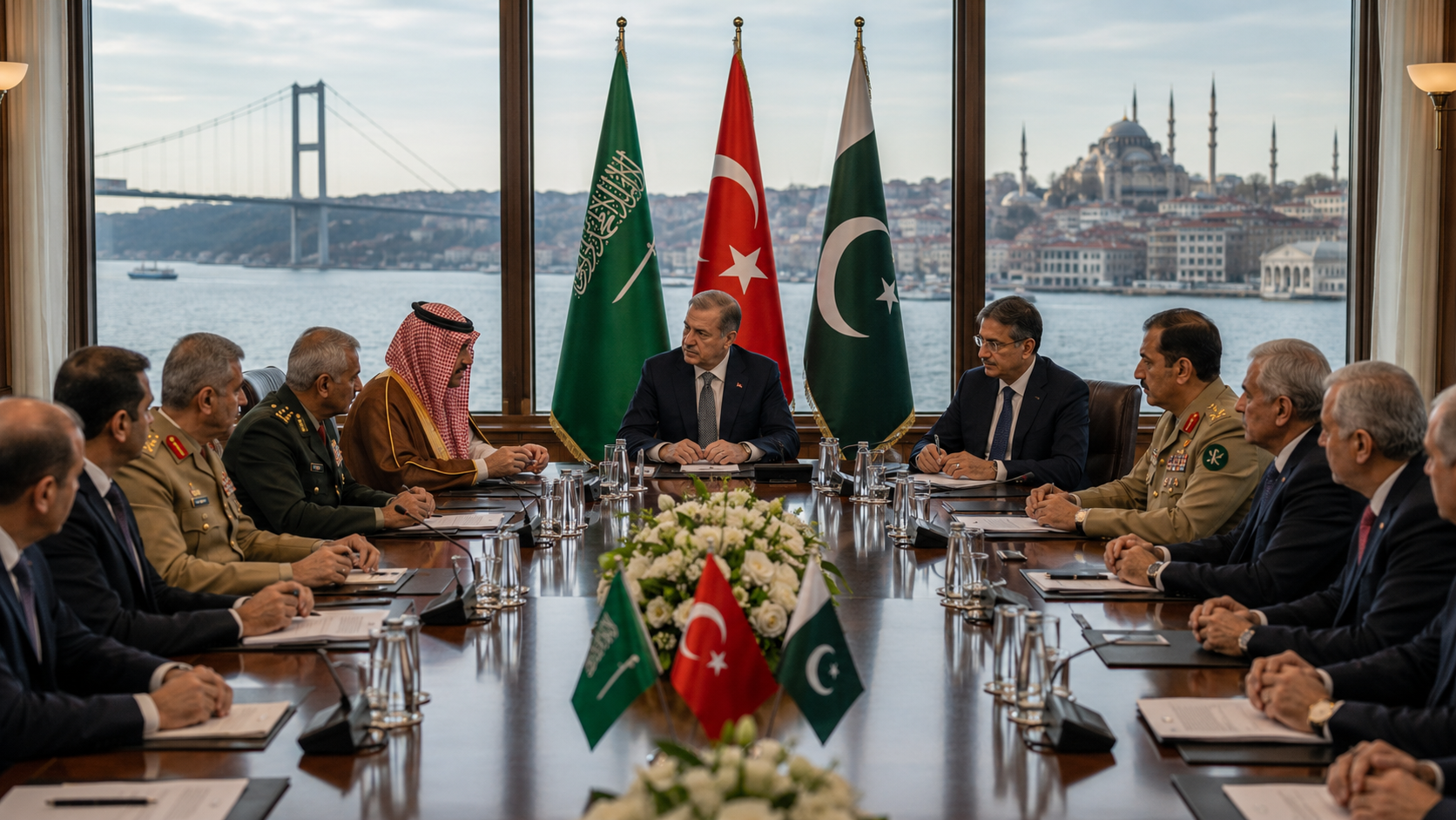 AI-generated editorial illustration for GulfPulse News coverage of First Makkah Joint Defense Agreement committee meeting begins in Istanbul.