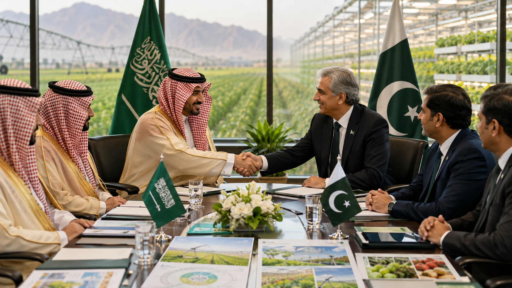 AI-generated editorial illustration for GulfPulse News coverage of Saudi Arabia and Pakistan affirm strengthening strategic partnership in agriculture and food security.