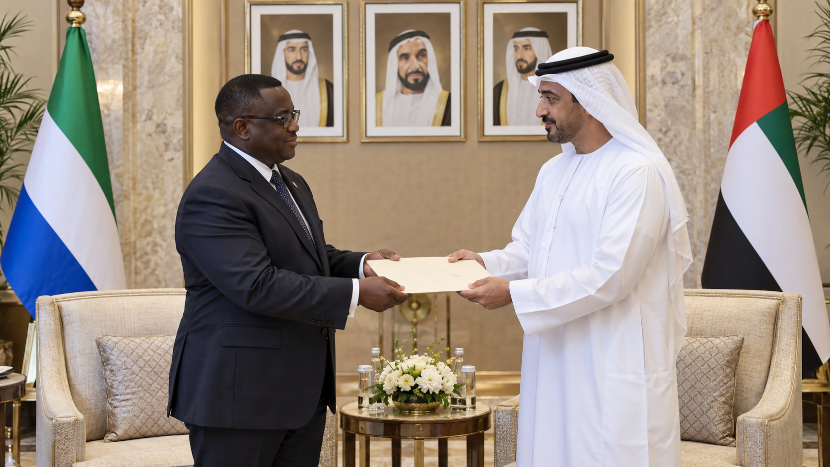 AI-generated editorial illustration for GulfPulse News coverage of Shakhboot bin Nahyan receives invitation on behalf of UAE President from President of Sierra Leone.