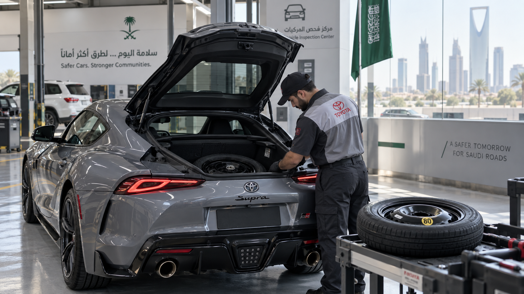 AI-generated editorial illustration for GulfPulse News coverage of Saudi Arabia recalls 51 Toyota Supra vehicles over spare tire defect.