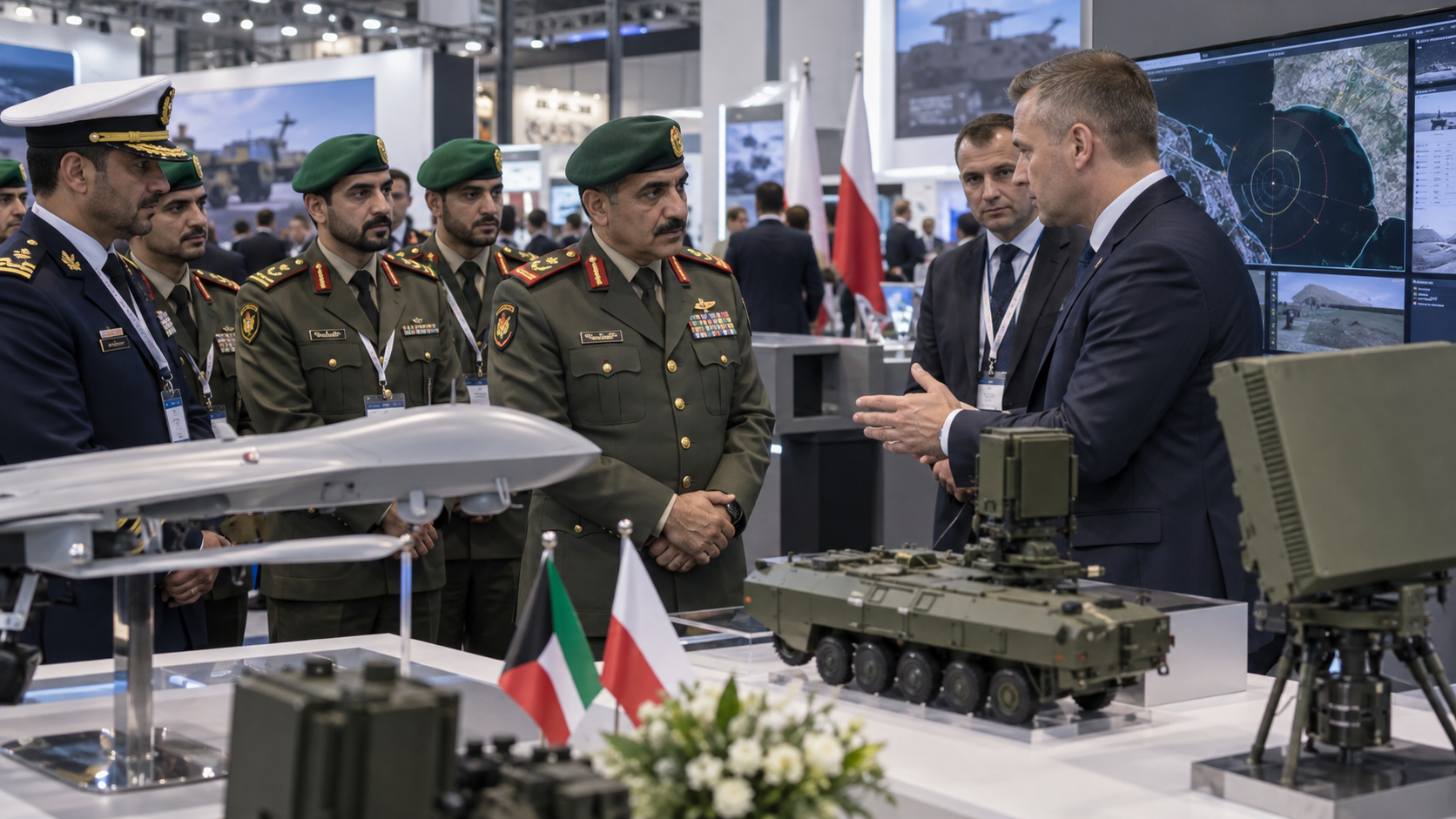 AI-generated editorial illustration for GulfPulse News coverage of Kuwaiti delegation attends defense expo in Poland.