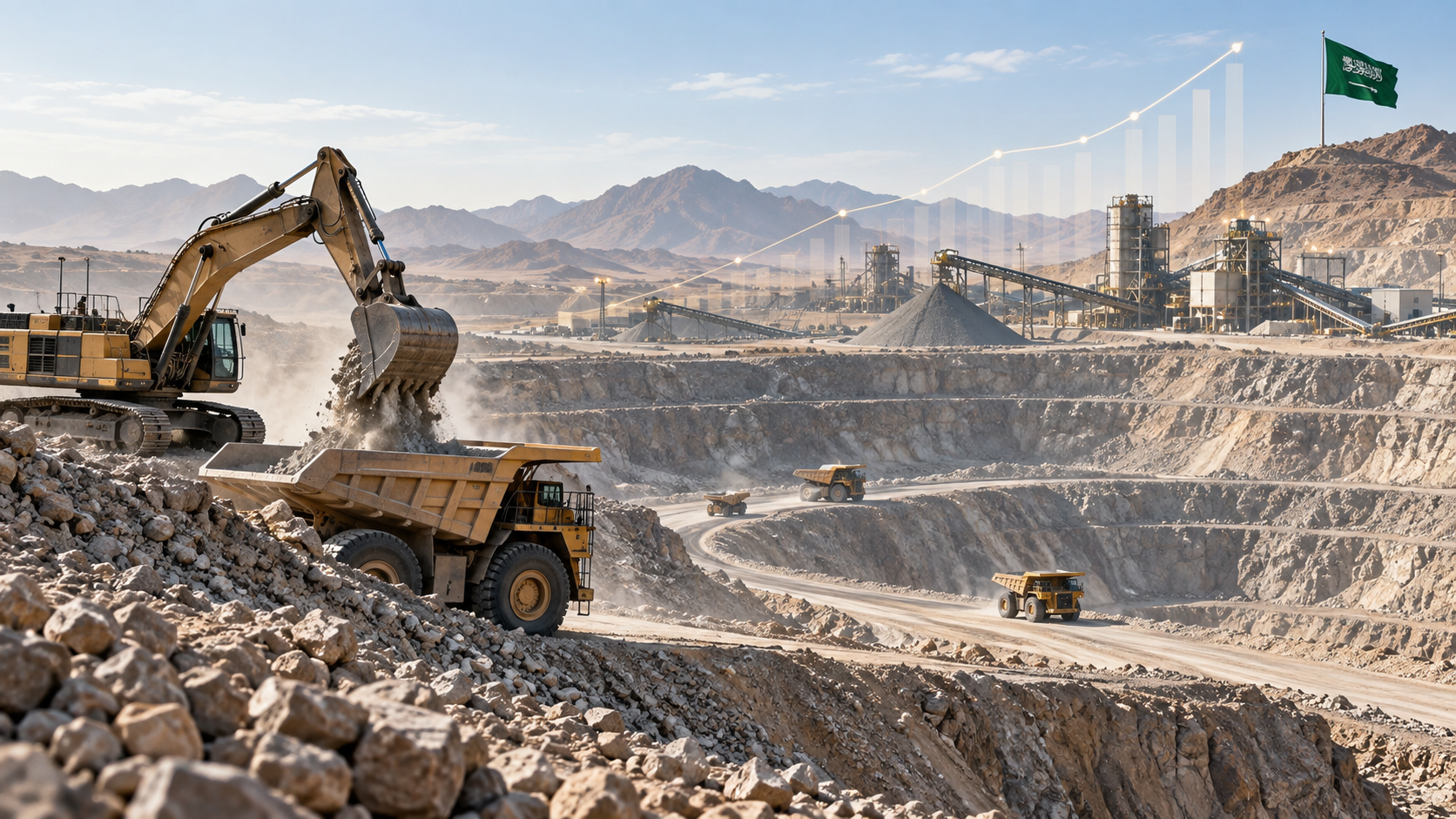 AI-generated editorial illustration for GulfPulse News coverage of Saudi mining and quarrying activity surges 19 percent in July.