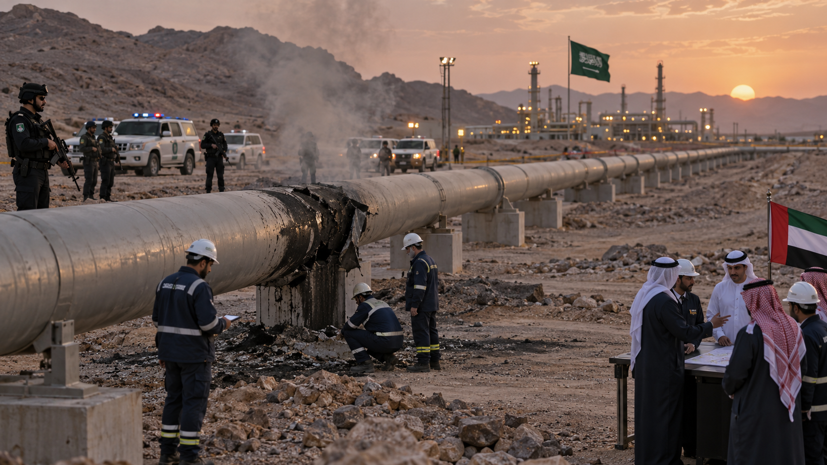 AI-generated editorial illustration for GulfPulse News coverage of UAE strongly condemns targeting of oil pipeline in Saudi Arabia using drones from Iraq.