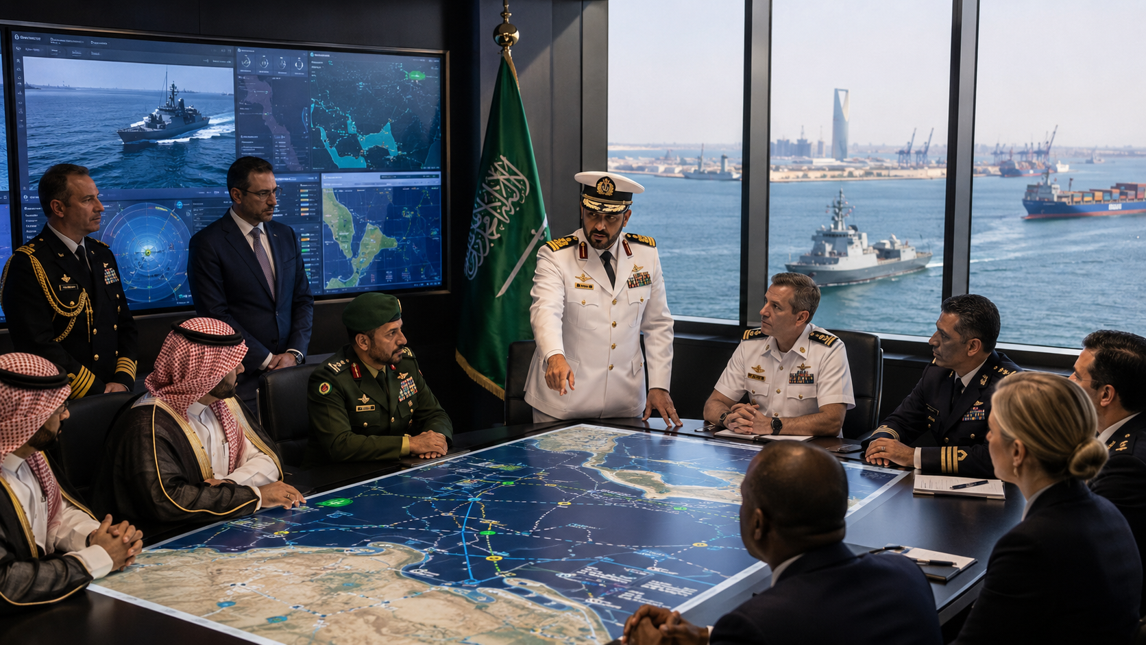 AI-generated editorial illustration for GulfPulse News coverage of Multinational maritime defense coalition begins operations from command headquarters.