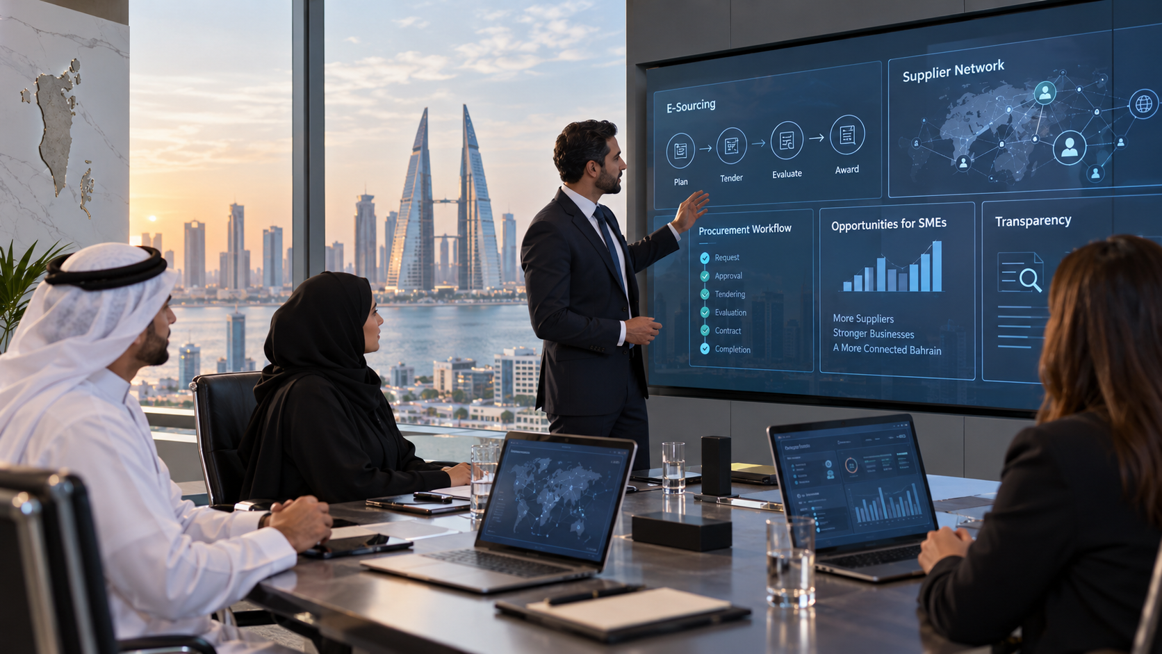 AI-generated editorial illustration for GulfPulse News coverage of Batelco partners with Procural to digitise procurement and widen SME access.